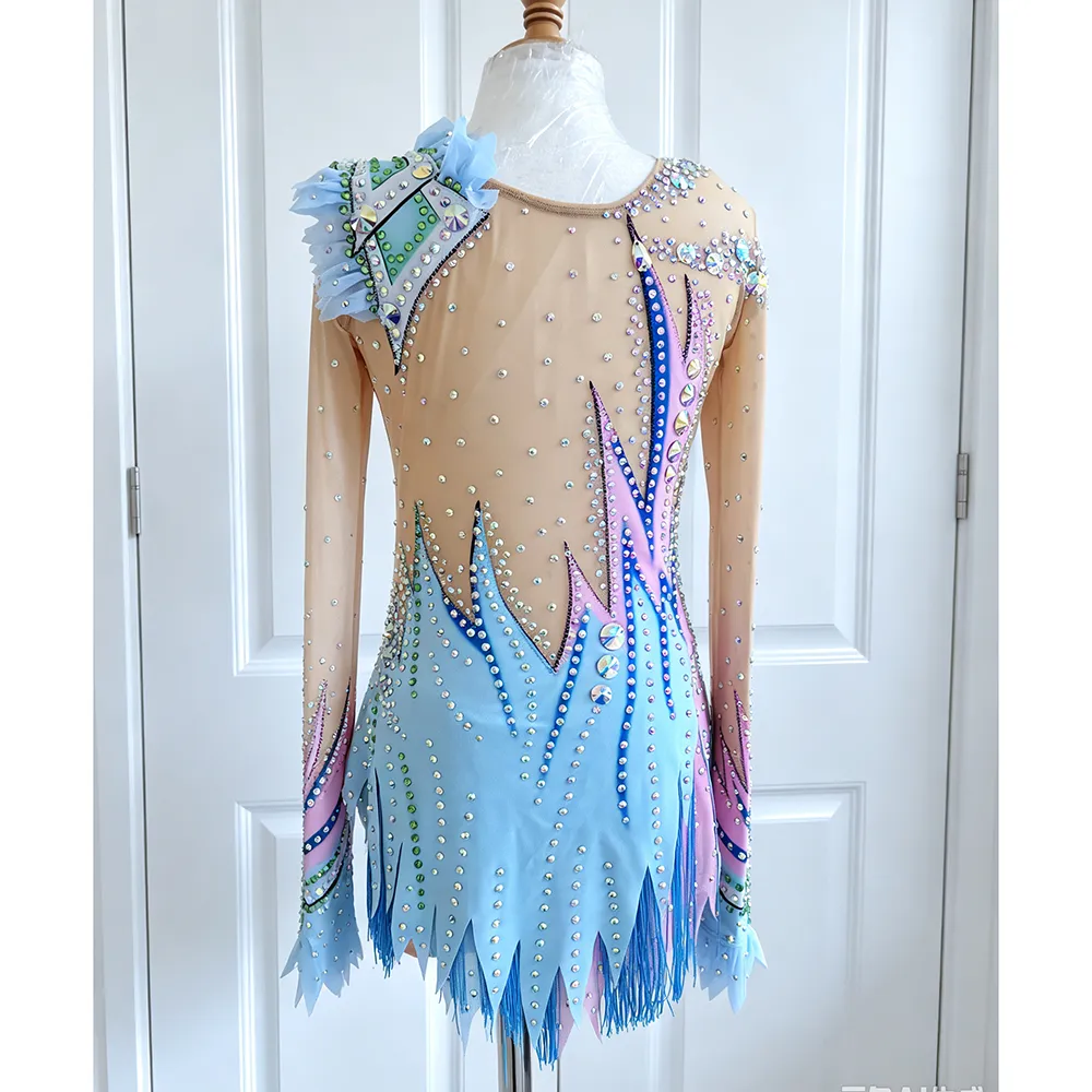 JoyCan Artistic Gymnastics Leotard BD7042 | Vibrant Multi‑Color Tassel Fringe Asymmetric Competition Rhythmic Gymnastics Costume for Girls and Women