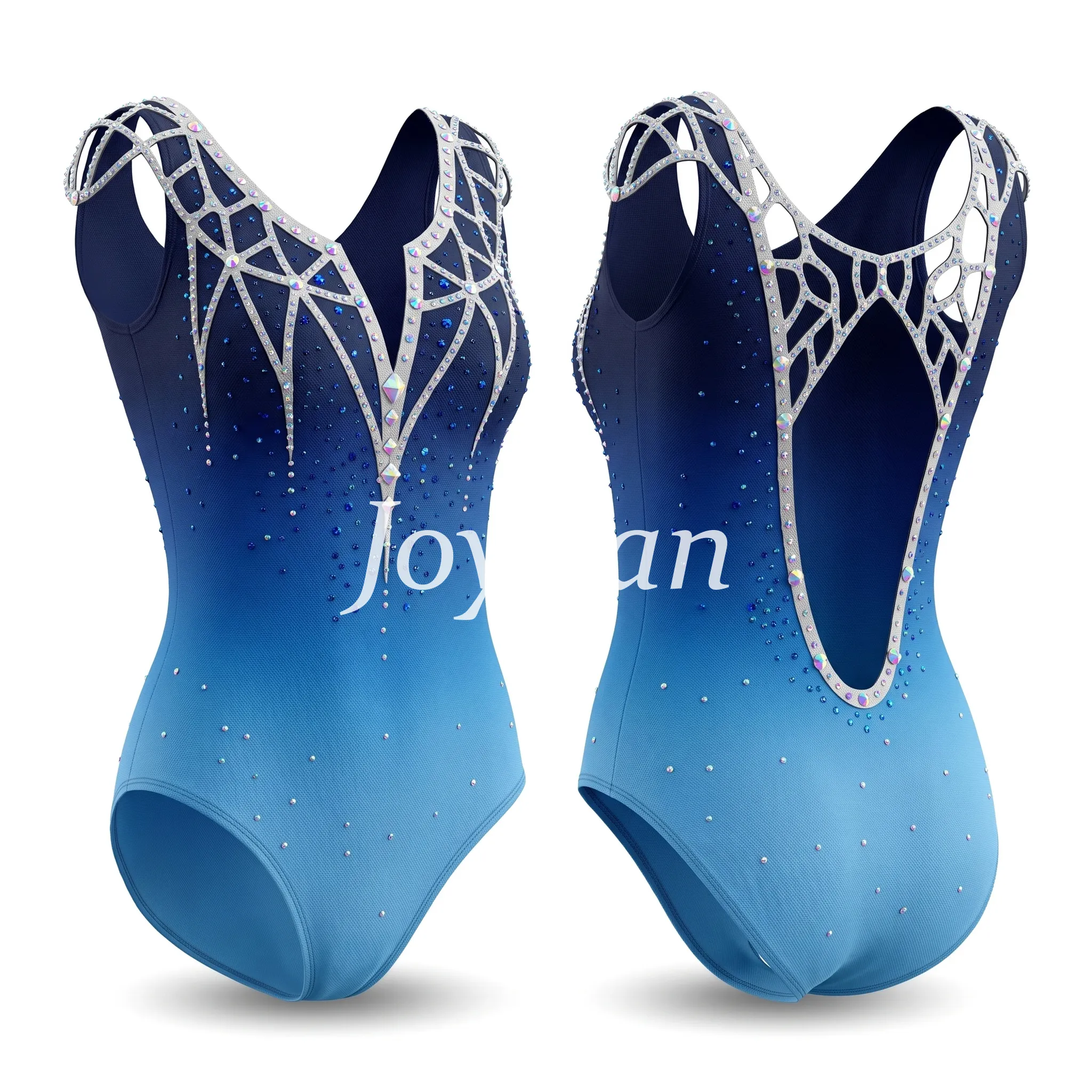  JoyCan Rhythmic Gymnastics Leotard JC1489 | Navy‑to‑Sky‑Blue Gradient Rhinestone Competition Leotard for Girls & Women