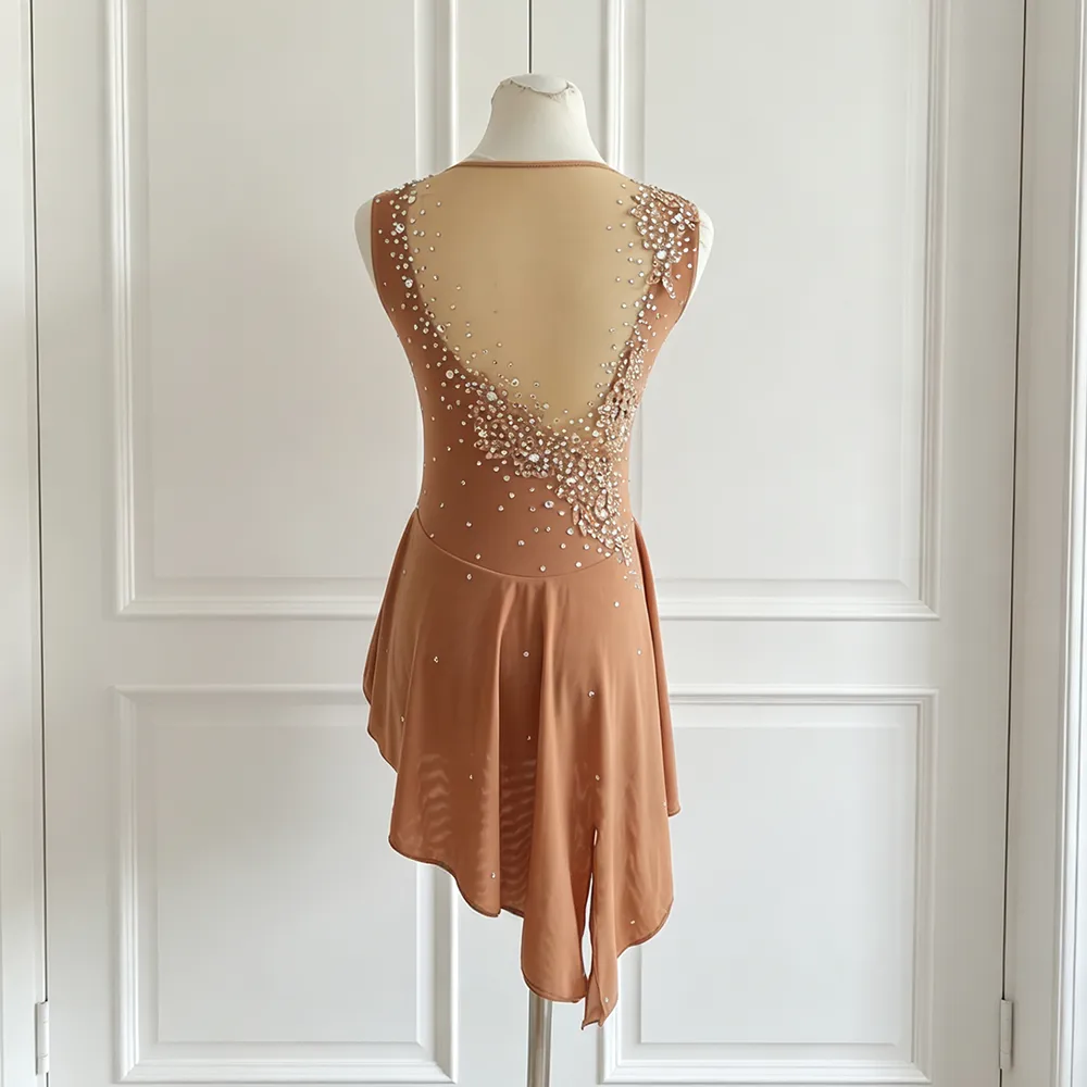 JoyCan Lyrical Dance Dress BD1263 | Elegant Caramel Crystal Illusion‑Neck Competition Lyrical Costume for Girls and Women