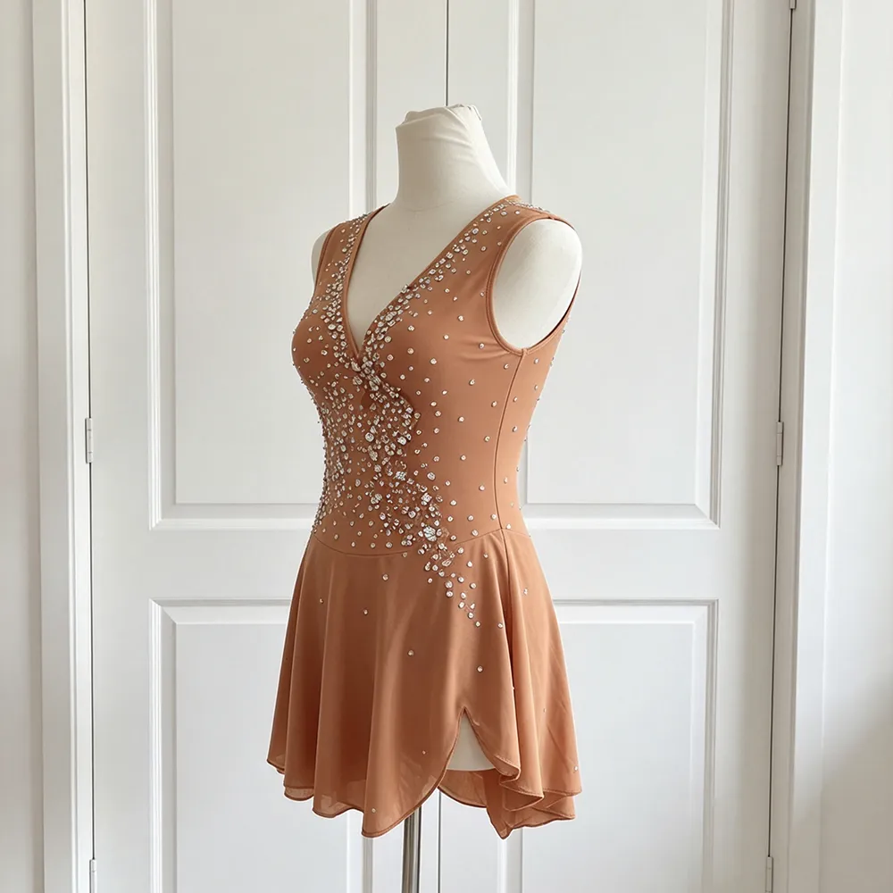 JoyCan Lyrical Dance Dress BD1263 | Elegant Caramel Crystal Illusion‑Neck Competition Lyrical Costume for Girls and Women