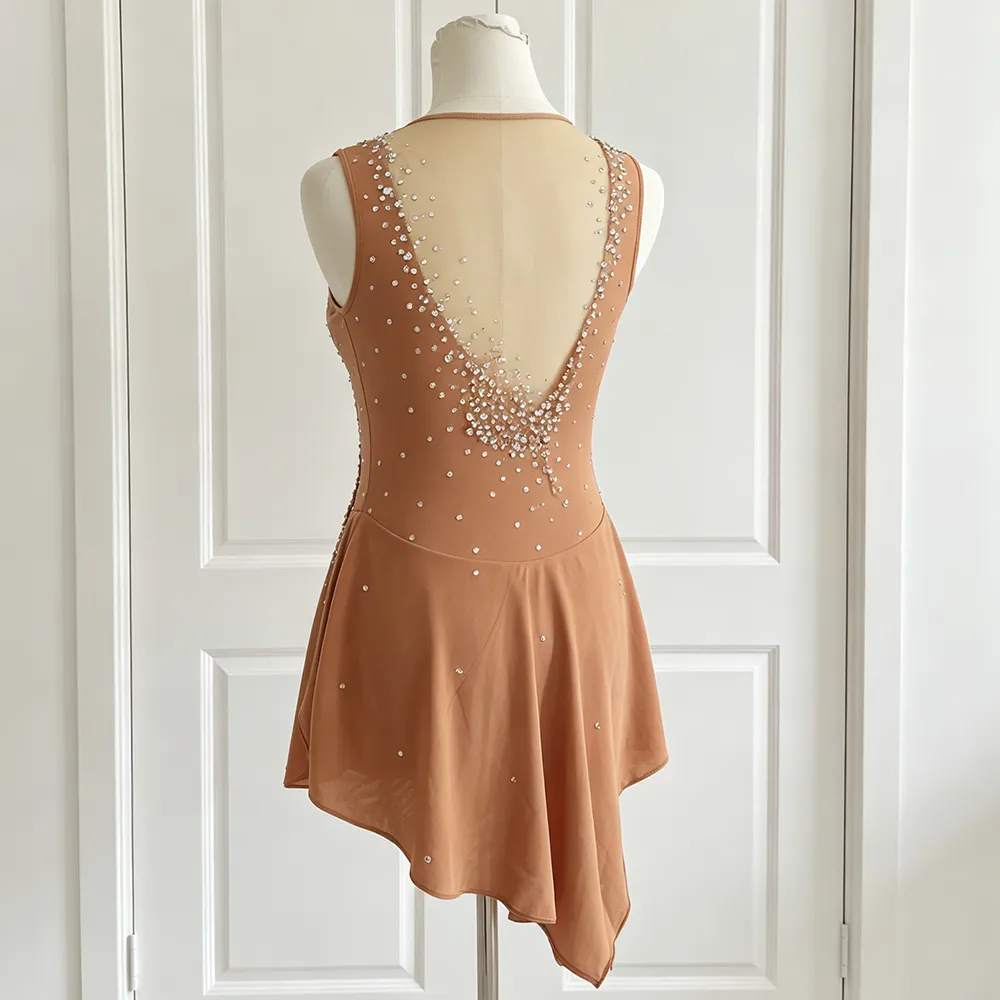 JoyCan Lyrical Dance Dress BD1263 | Elegant Caramel Crystal Illusion‑Neck Competition Lyrical Costume for Girls and Women