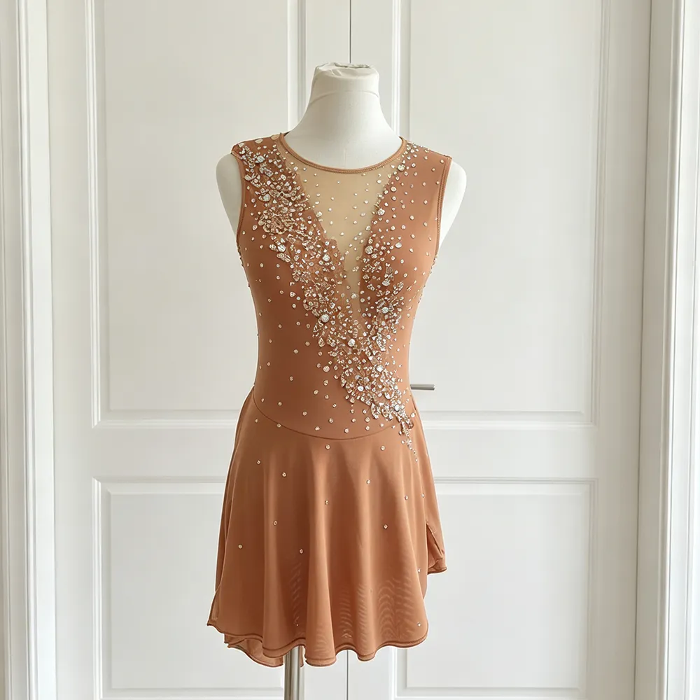 JoyCan Lyrical Dance Dress BD1263 | Elegant Caramel Crystal Illusion‑Neck Competition Lyrical Costume for Girls and Women