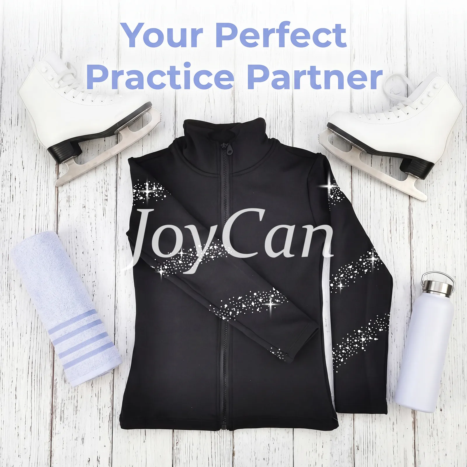 JoyCan Figure Skating Warm‑Up Jacket JB228 | Black Full‑Zip Stand Collar Diagonal Rhinestone Streak Ice Skate Training Jacket for Girls and Women