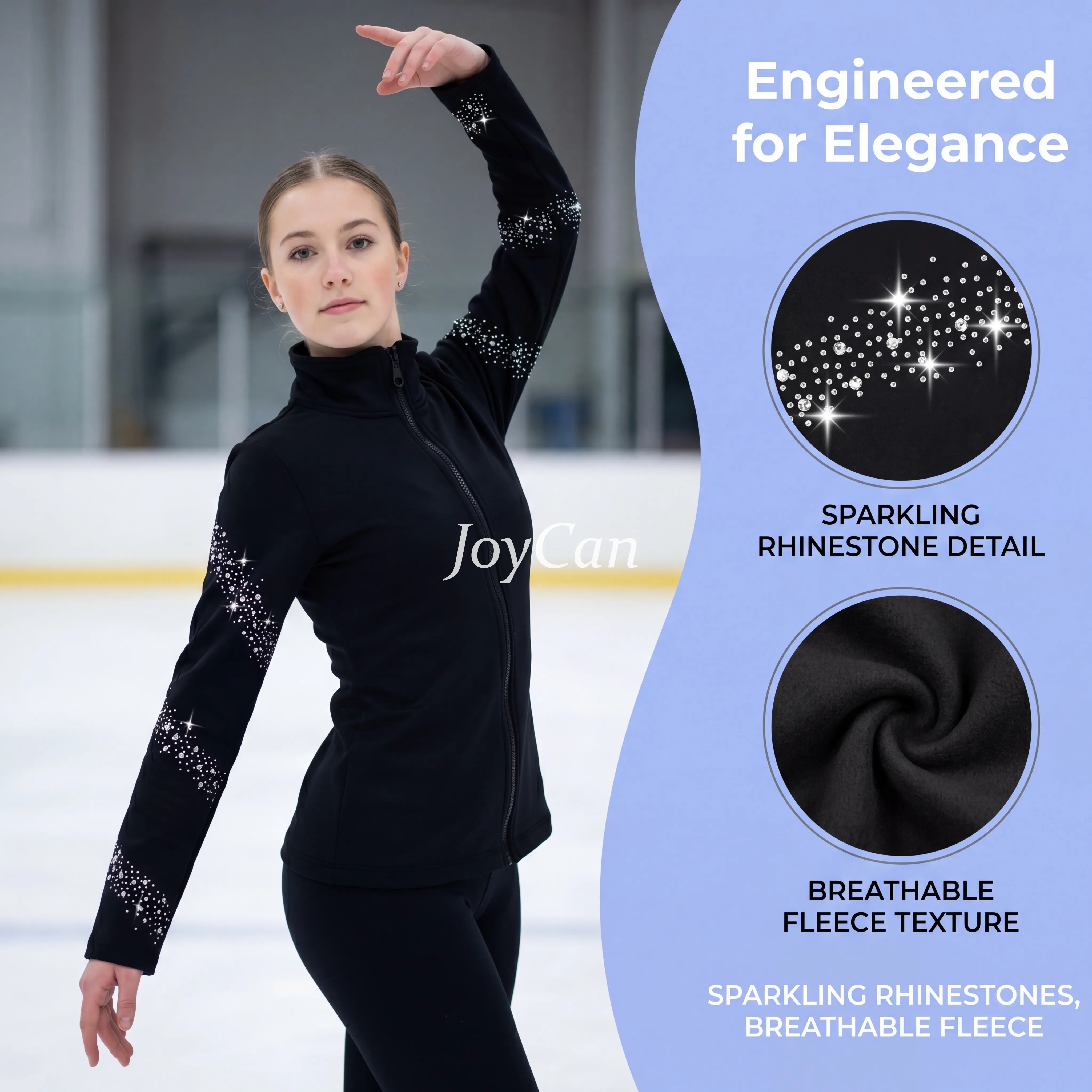 JoyCan Figure Skating Warm‑Up Jacket JB228 | Black Full‑Zip Stand Collar Diagonal Rhinestone Streak Ice Skate Training Jacket for Girls and Women