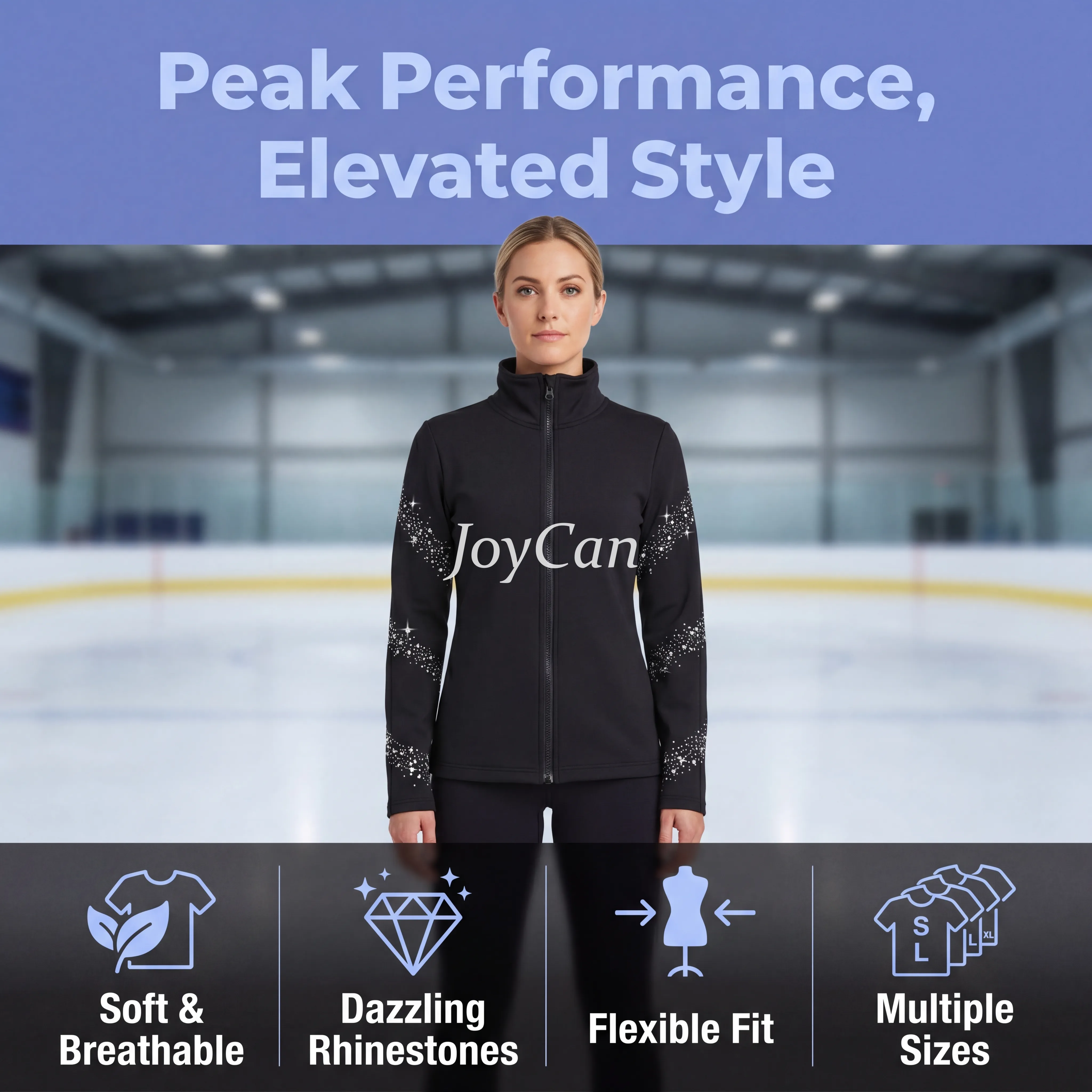 JoyCan Figure Skating Warm‑Up Jacket JB228 | Black Full‑Zip Stand Collar Diagonal Rhinestone Streak Ice Skate Training Jacket for Girls and Women