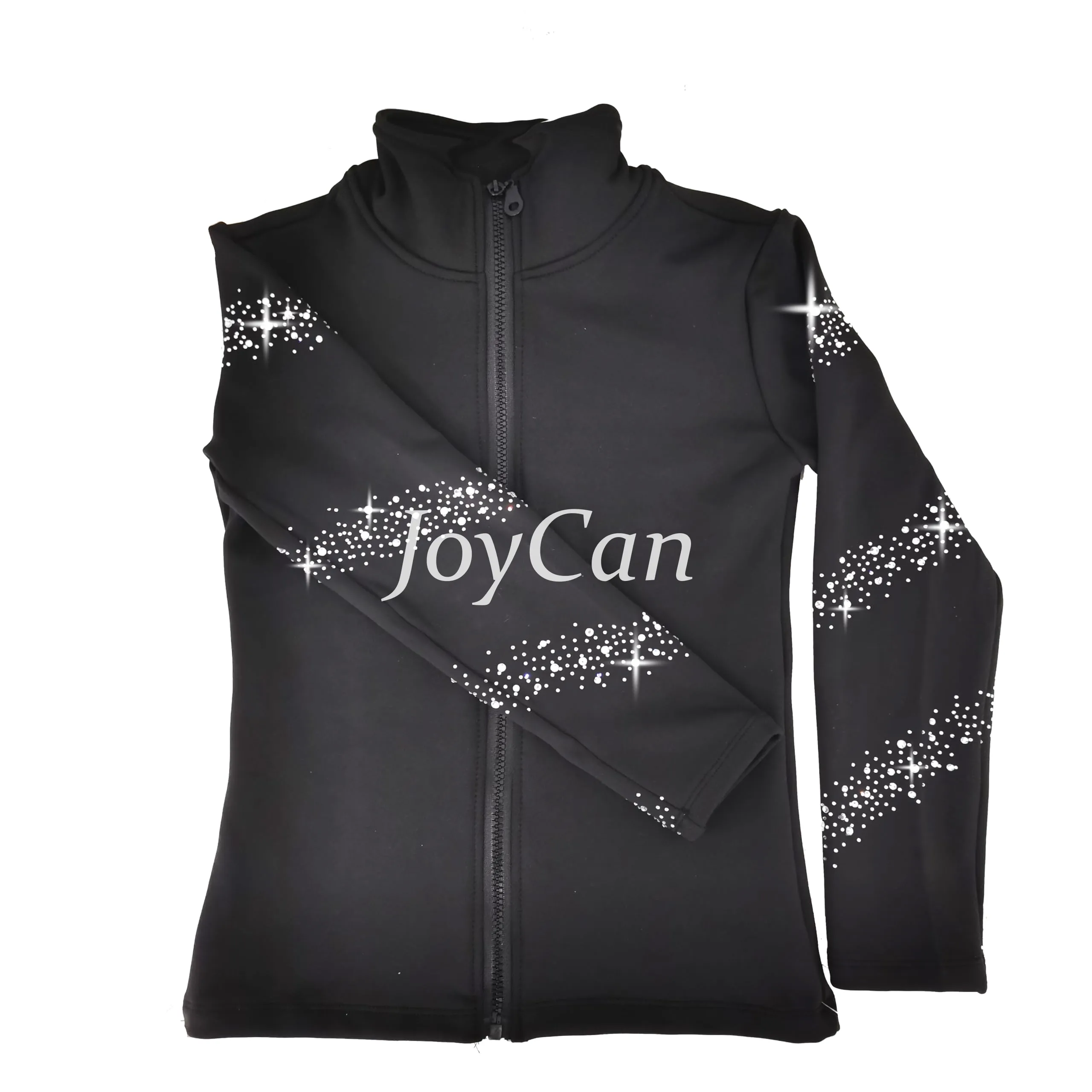 JoyCan Figure Skating Warm‑Up Jacket JB228 | Black Full‑Zip Stand Collar Diagonal Rhinestone Streak Ice Skate Training Jacket for Girls and Women