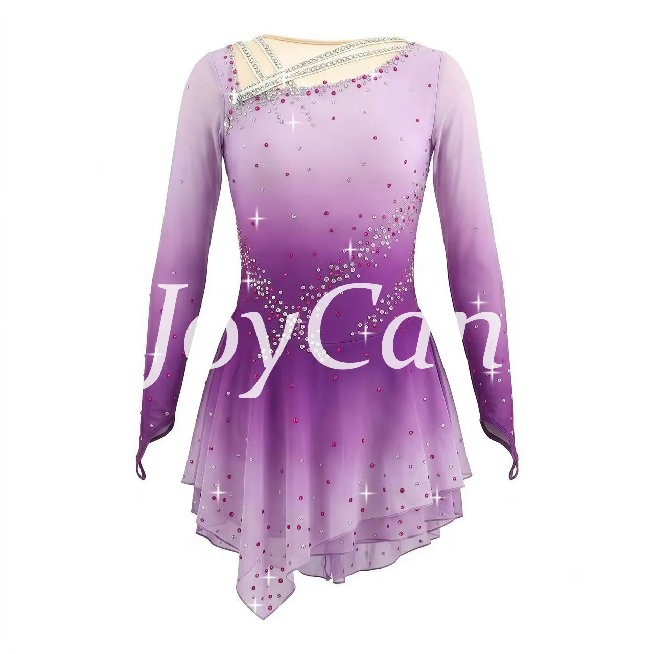 JoyCan Figure Skating Dress JSK164 | Cream‑to‑Sunset‑Orange Ombre Criss‑Cross Shoulder Rhinestone Long‑Sleeve Competition Ice Skating Costume for Girls and Women