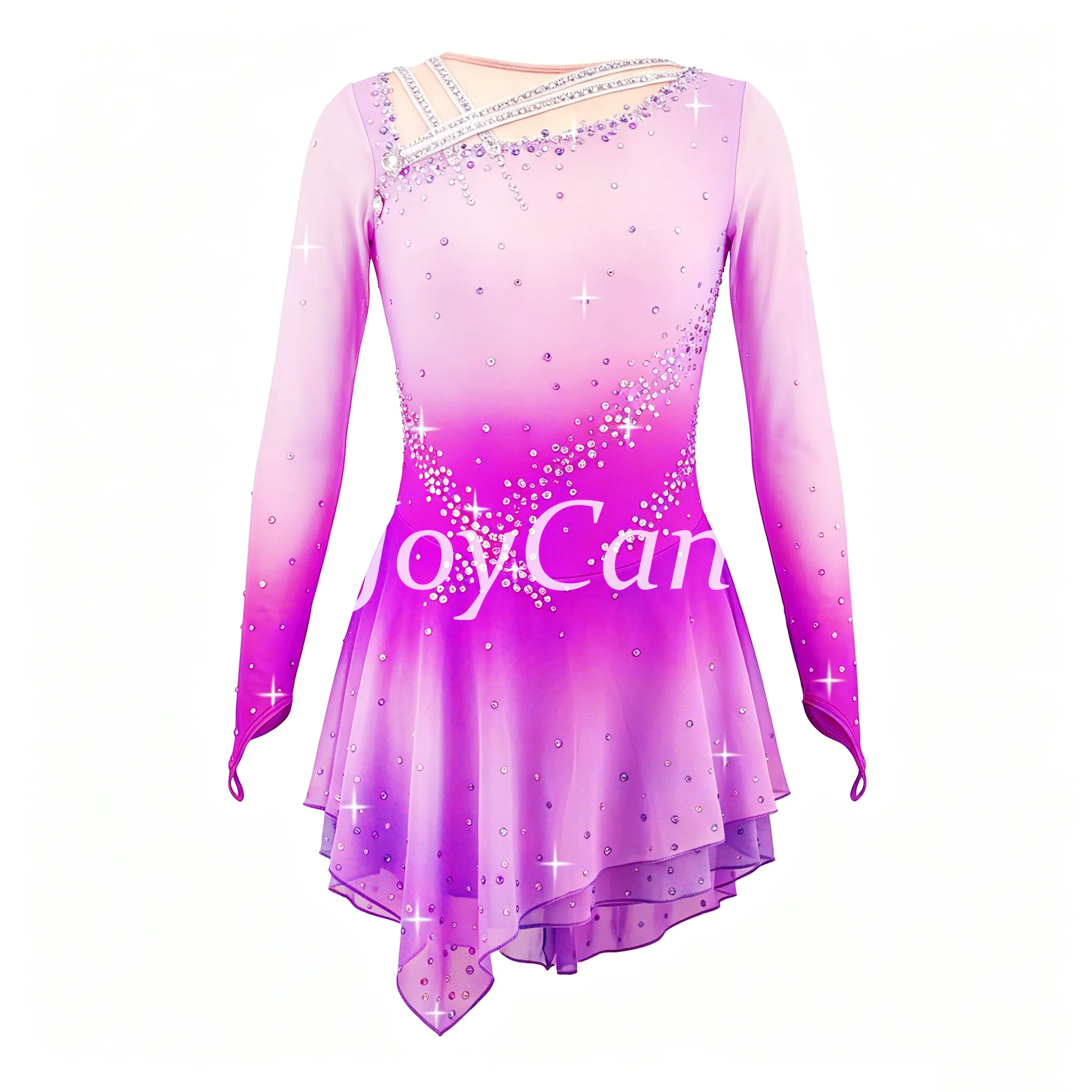 JoyCan Figure Skating Dress JSK164 | Cream‑to‑Sunset‑Orange Ombre Criss‑Cross Shoulder Rhinestone Long‑Sleeve Competition Ice Skating Costume for Girls and Women