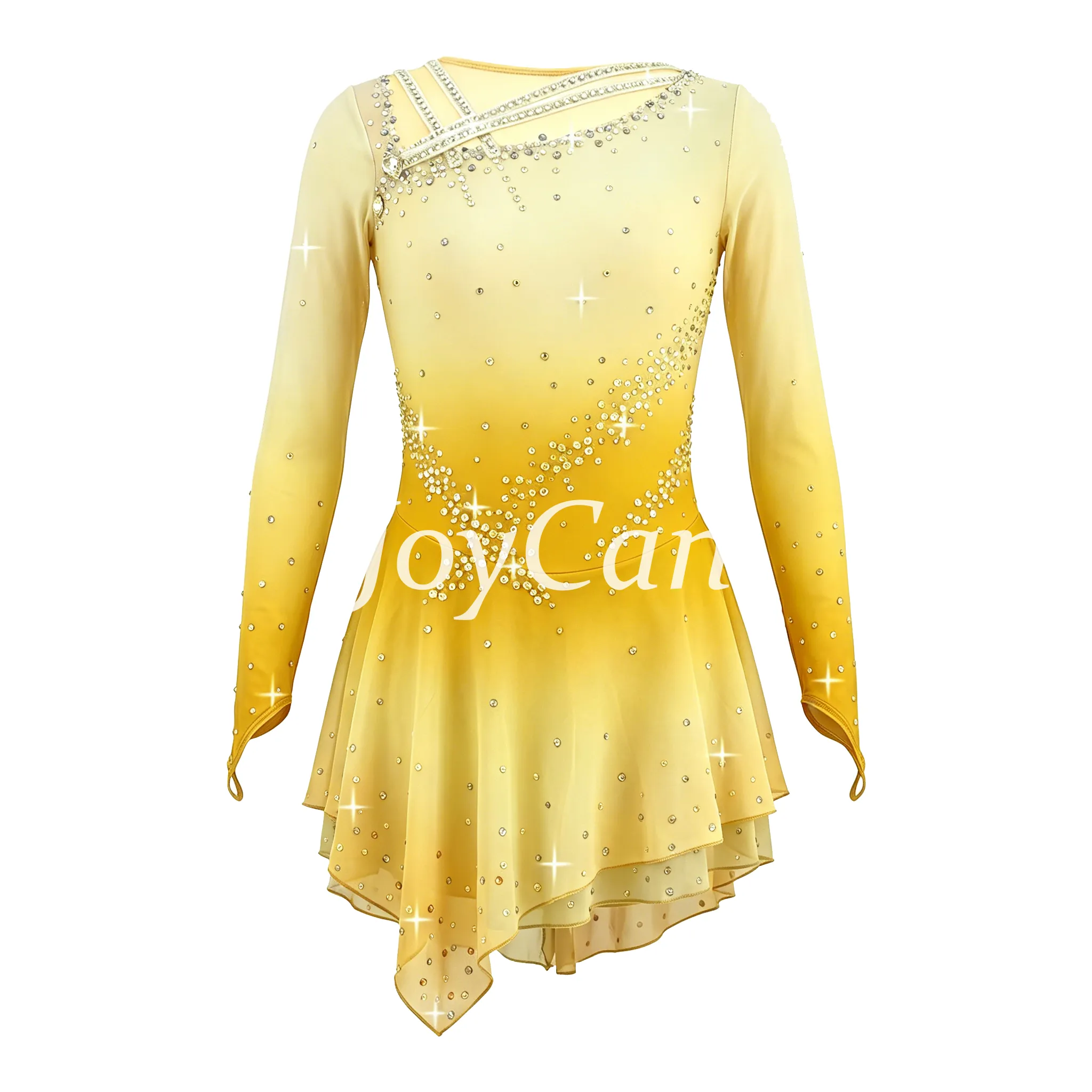 JoyCan Figure Skating Dress JSK164 | Cream‑to‑Sunset‑Orange Ombre Criss‑Cross Shoulder Rhinestone Long‑Sleeve Competition Ice Skating Costume for Girls and Women