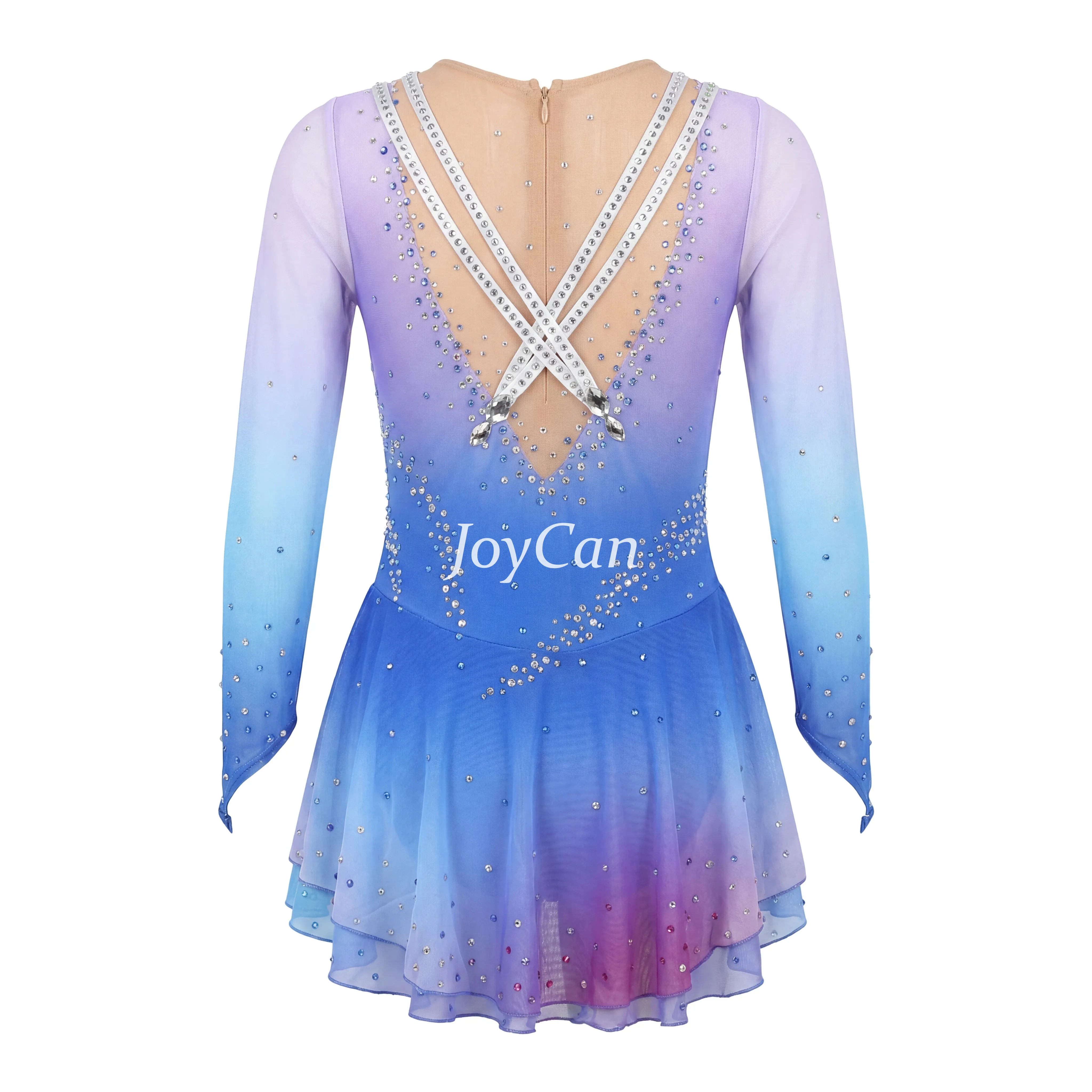 JoyCan Figure Skating Dress JSK164 | Cream‑to‑Sunset‑Orange Ombre Criss‑Cross Shoulder Rhinestone Long‑Sleeve Competition Ice Skating Costume for Girls and Women