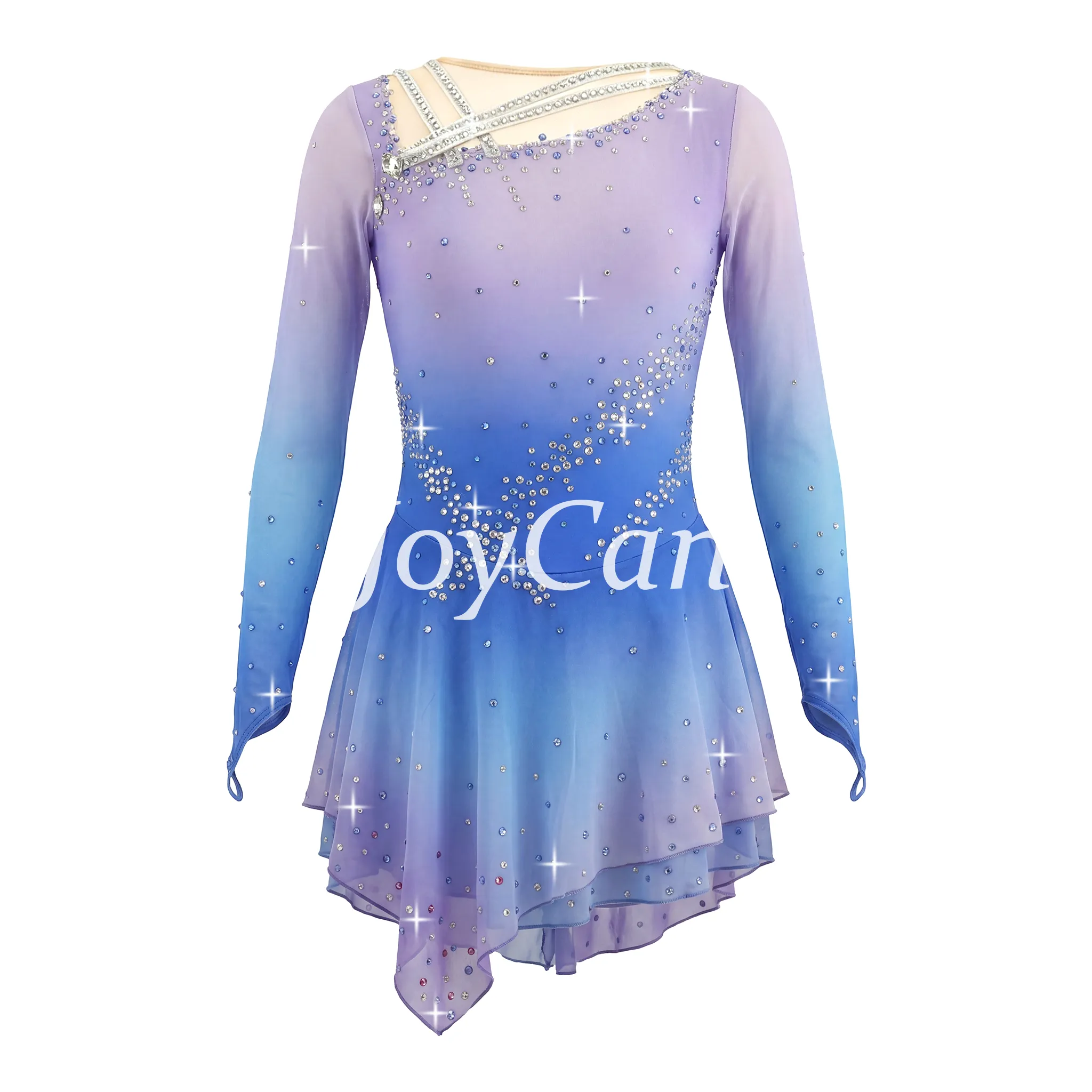 JoyCan Figure Skating Dress JSK164 | Cream‑to‑Sunset‑Orange Ombre Criss‑Cross Shoulder Rhinestone Long‑Sleeve Competition Ice Skating Costume for Girls and Women