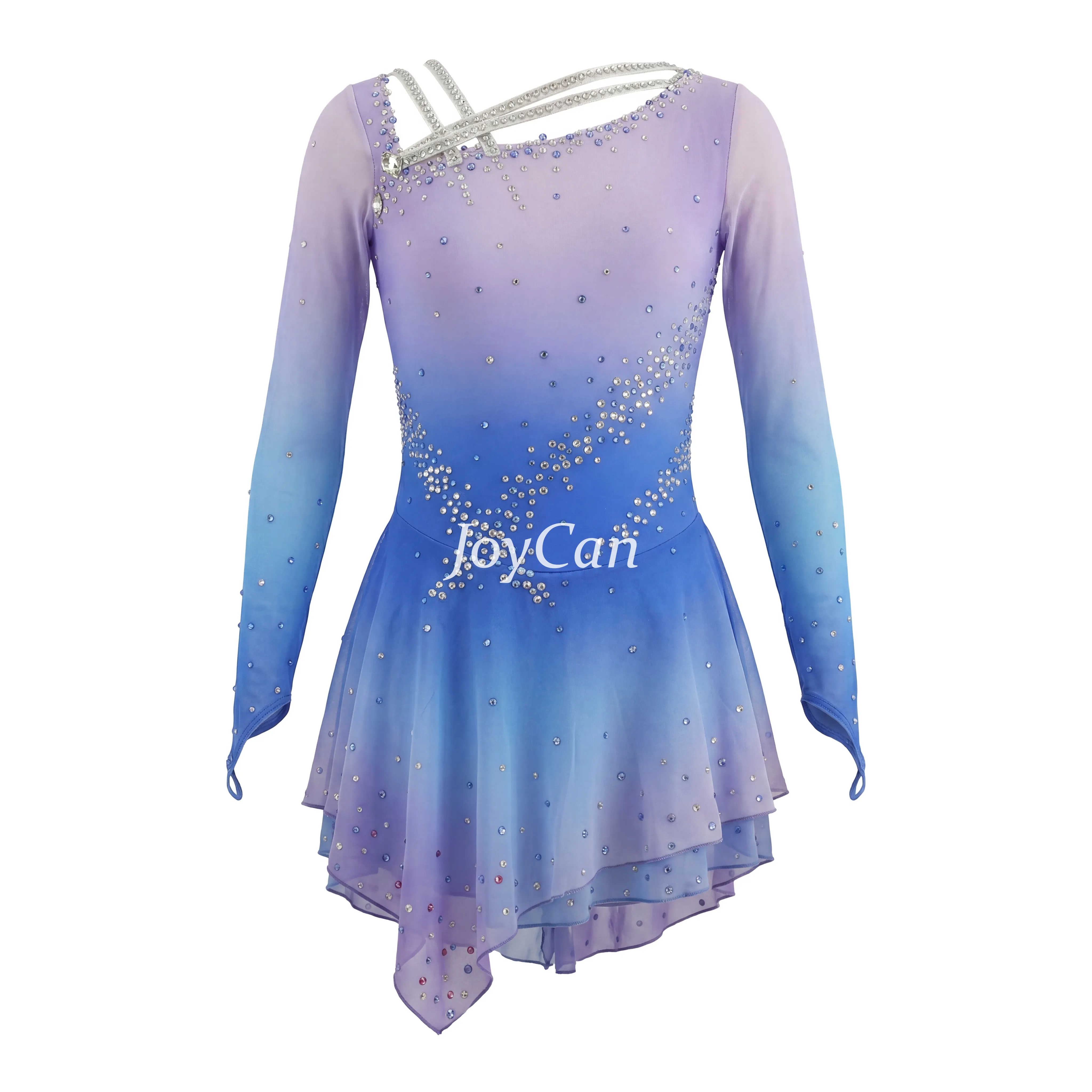 JoyCan Figure Skating Dress JSK164 | Cream‑to‑Sunset‑Orange Ombre Criss‑Cross Shoulder Rhinestone Long‑Sleeve Competition Ice Skating Costume for Girls and Women