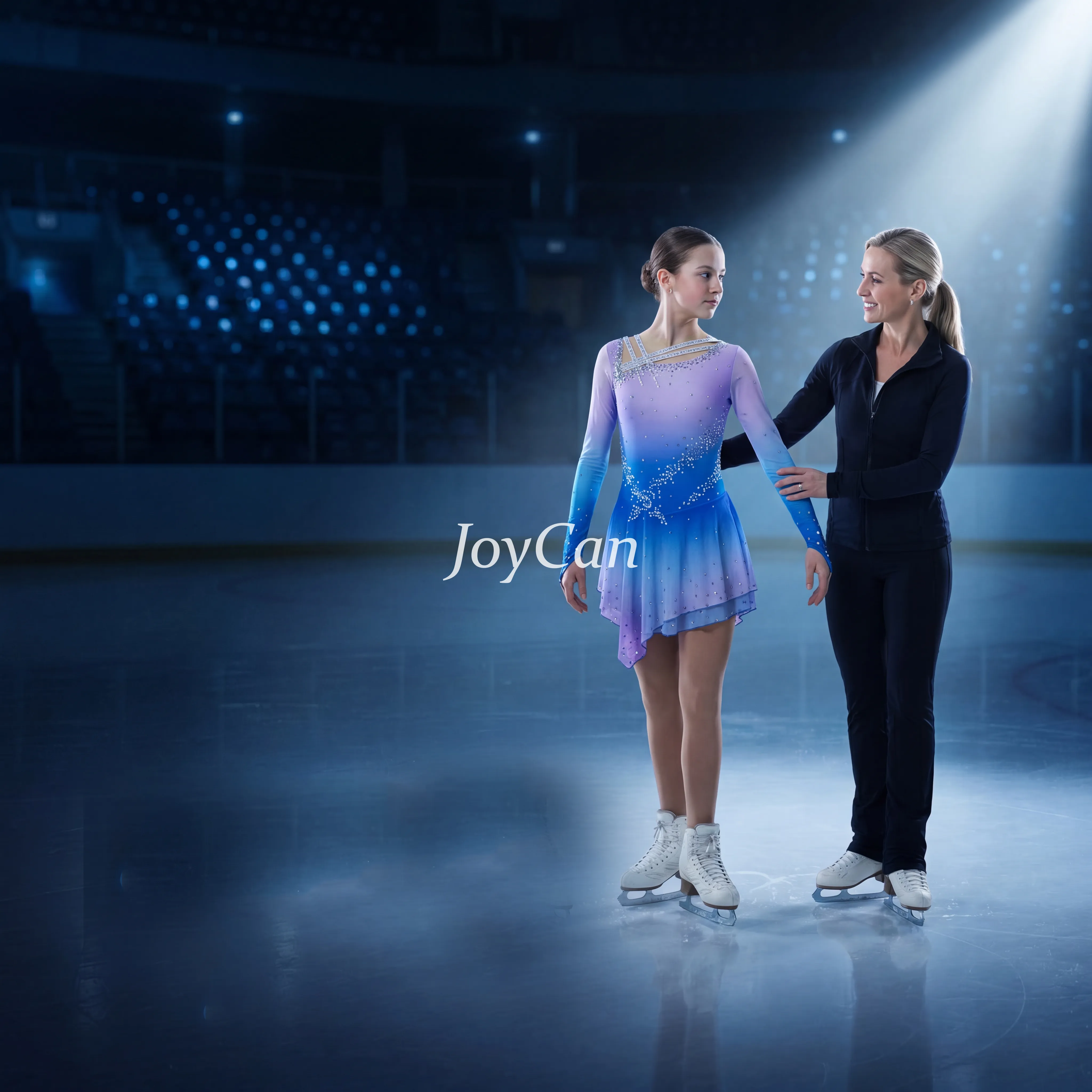 JoyCan Figure Skating Dress JSK164 | Cream‑to‑Sunset‑Orange Ombre Criss‑Cross Shoulder Rhinestone Long‑Sleeve Competition Ice Skating Costume for Girls and Women