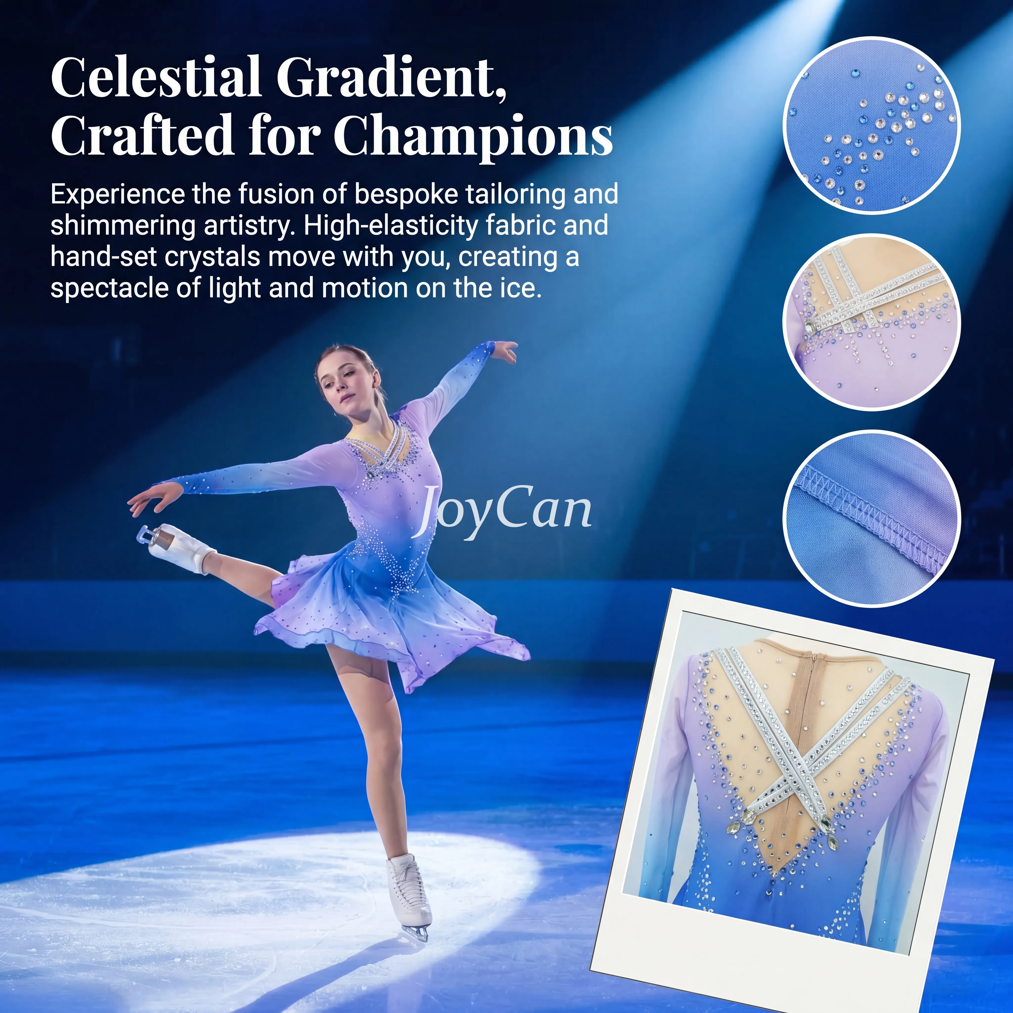 JoyCan Figure Skating Dress JSK164 | Cream‑to‑Sunset‑Orange Ombre Criss‑Cross Shoulder Rhinestone Long‑Sleeve Competition Ice Skating Costume for Girls and Women