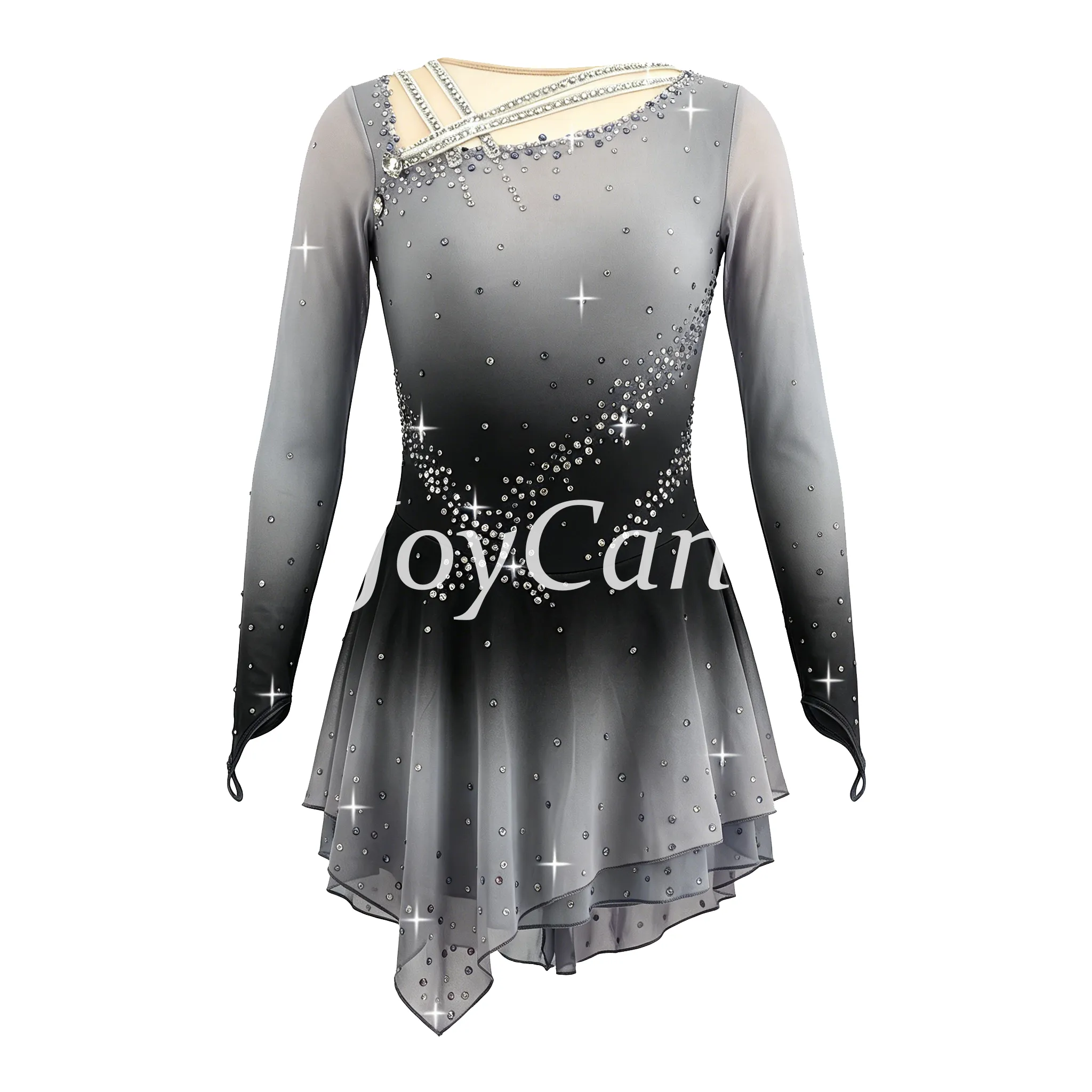 JoyCan Figure Skating Dress JSK164 | Cream‑to‑Sunset‑Orange Ombre Criss‑Cross Shoulder Rhinestone Long‑Sleeve Competition Ice Skating Costume for Girls and Women
