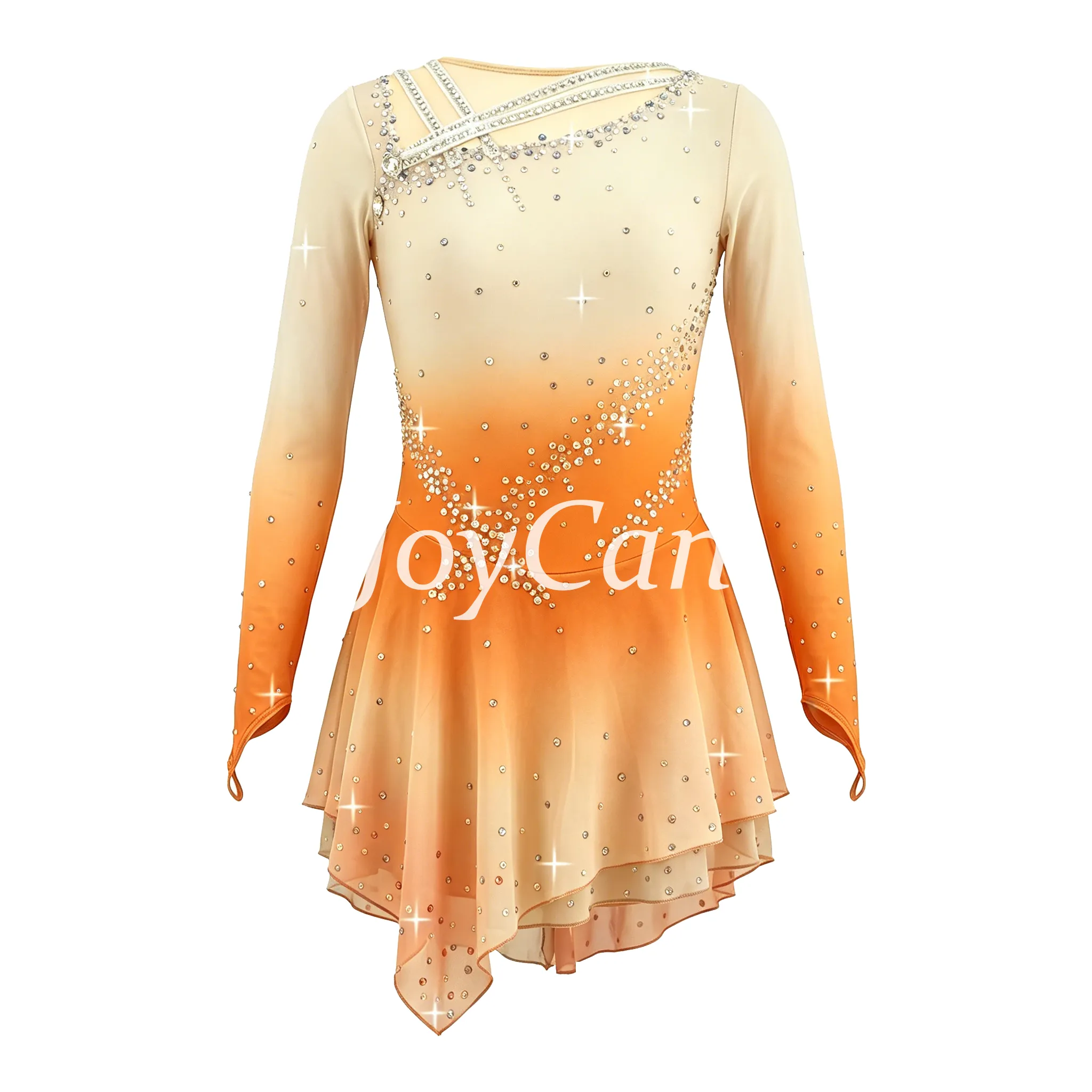 JoyCan Figure Skating Dress JSK164 | Cream‑to‑Sunset‑Orange Ombre Criss‑Cross Shoulder Rhinestone Long‑Sleeve Competition Ice Skating Costume for Girls and Women