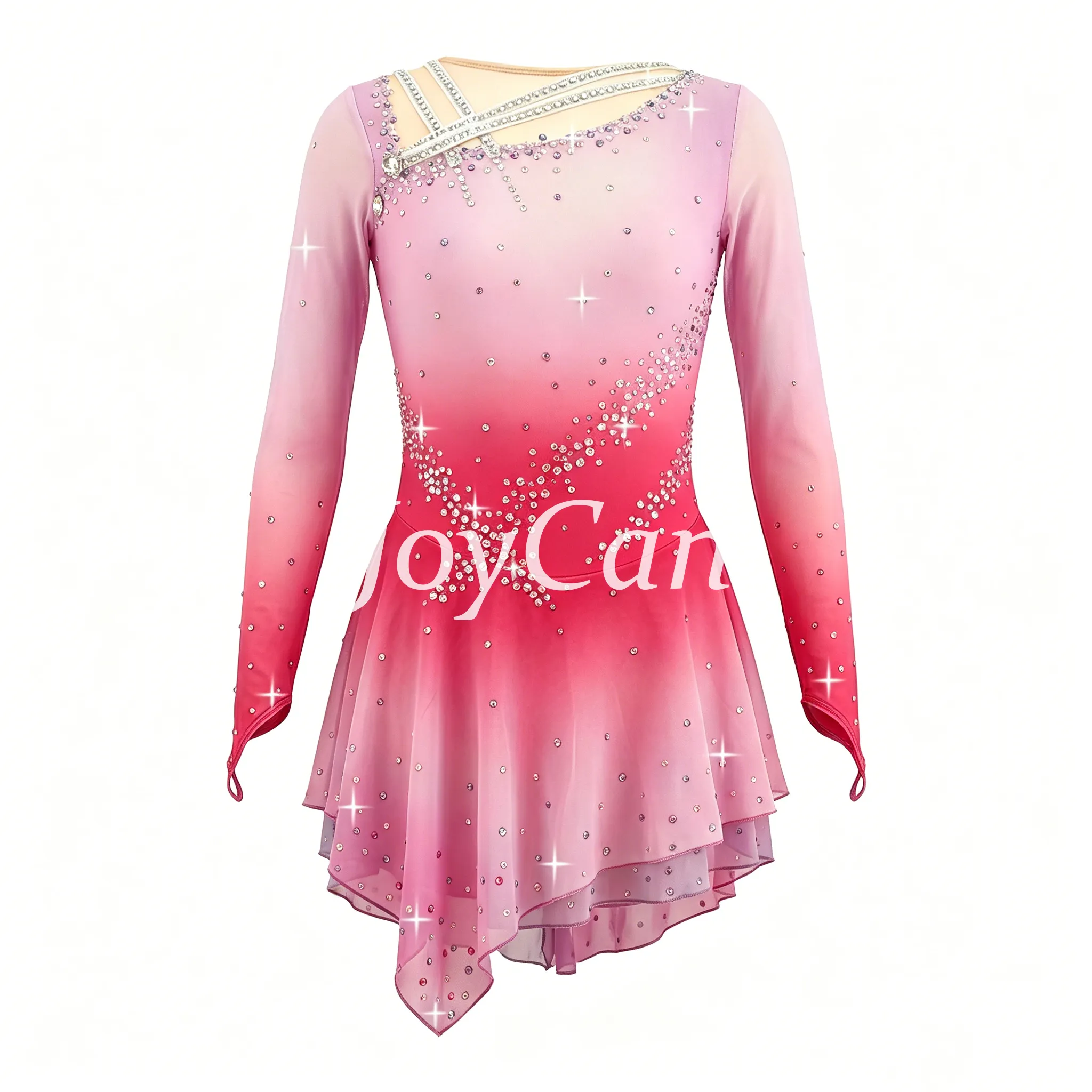 JoyCan Figure Skating Dress JSK164 | Cream‑to‑Sunset‑Orange Ombre Criss‑Cross Shoulder Rhinestone Long‑Sleeve Competition Ice Skating Costume for Girls and Women
