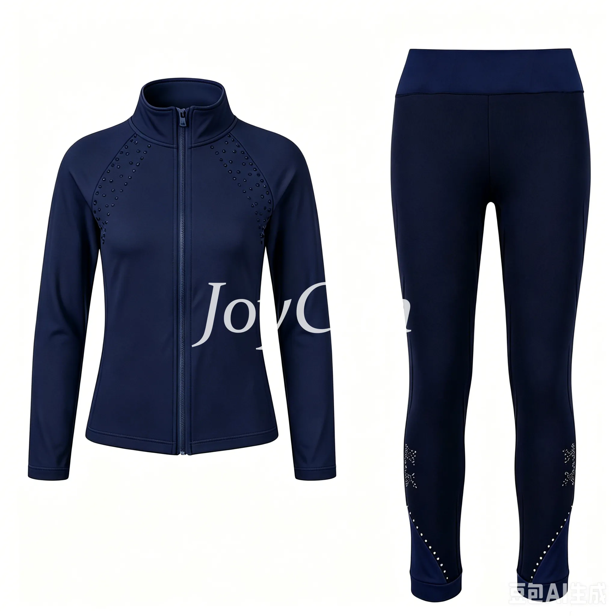 JoyCan Figure Skating Warm‑Up Set JB313 | Pink Rhinestone Zip‑Up Jacket & Black‑Pink Contrast Rhinestone Leggings Training Outfit for Girls and Women