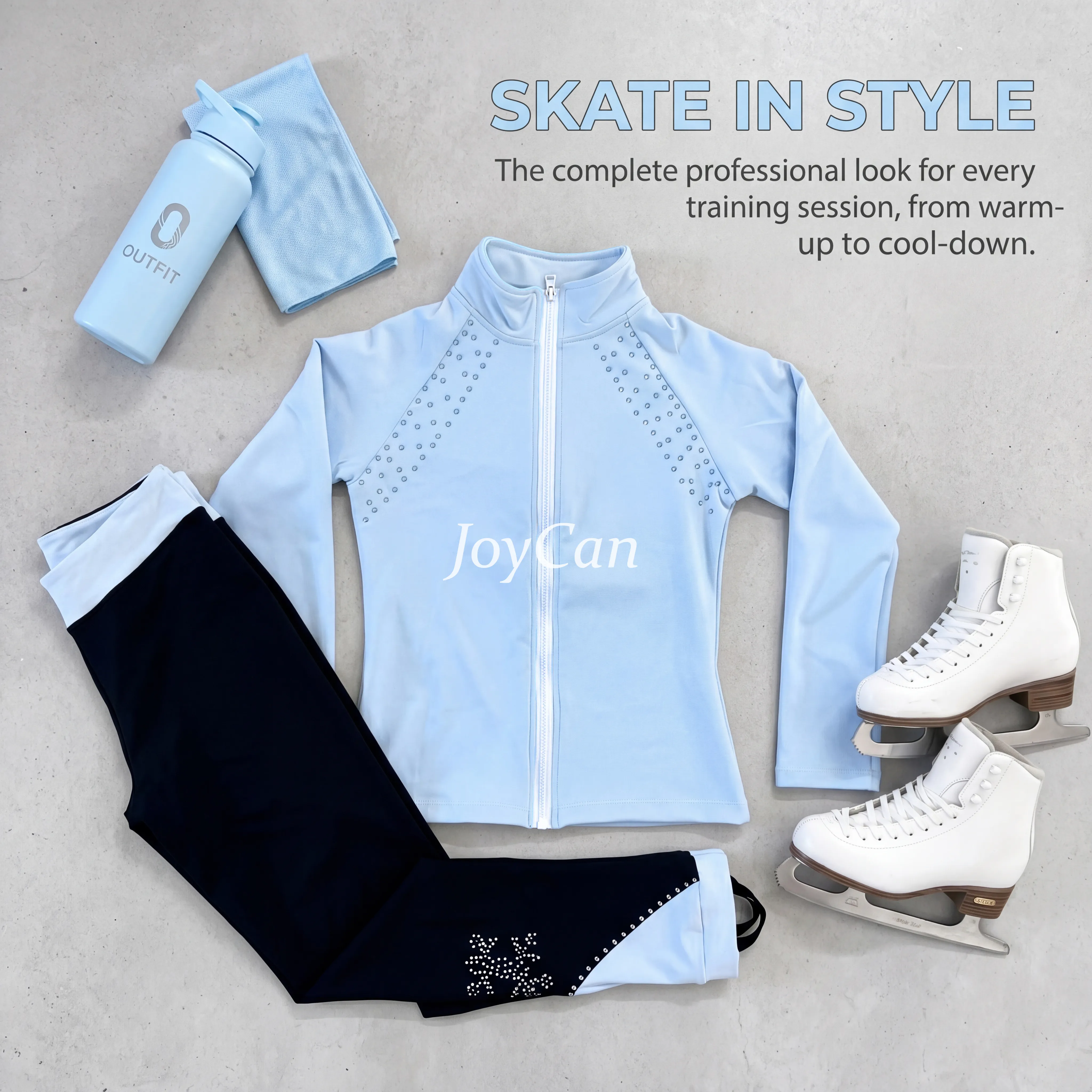 JoyCan Figure Skating Warm‑Up Set JB313 | Pink Rhinestone Zip‑Up Jacket & Black‑Pink Contrast Rhinestone Leggings Training Outfit for Girls and Women