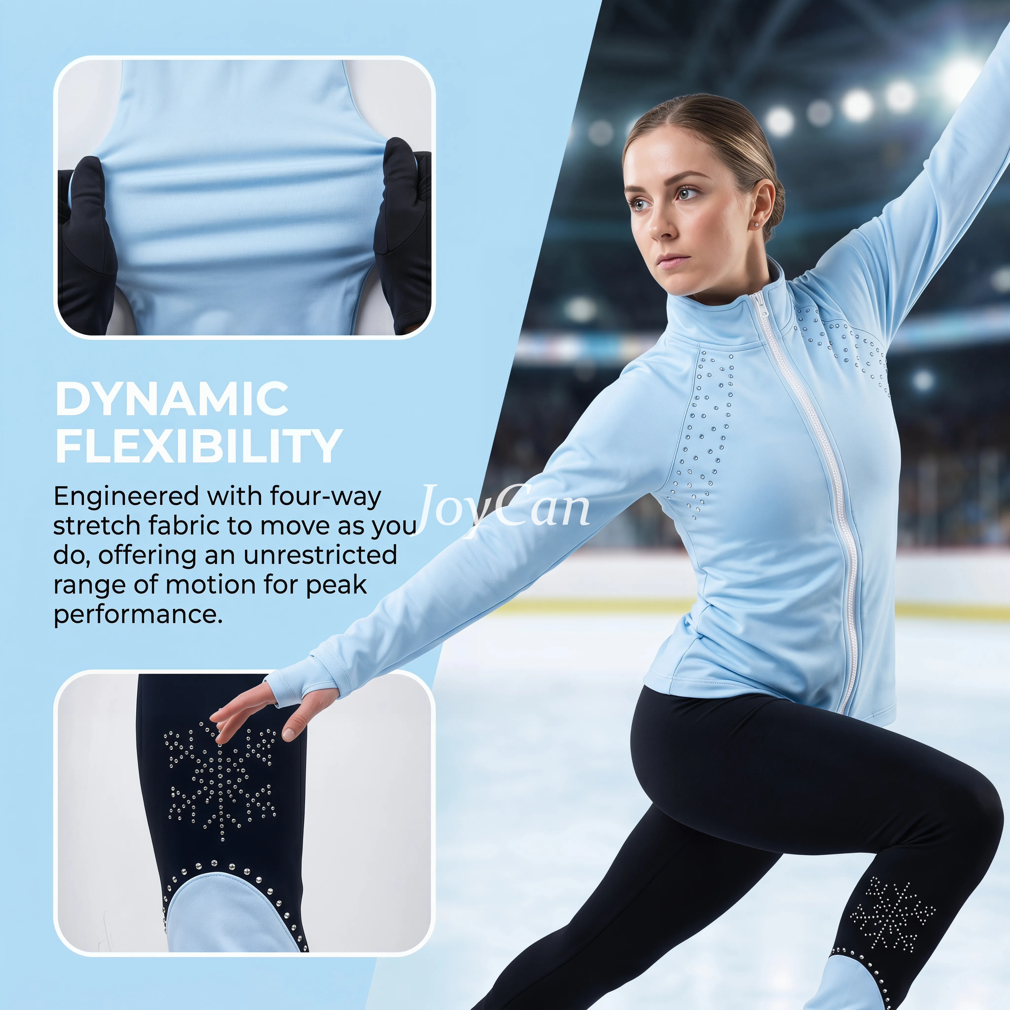 JoyCan Figure Skating Warm‑Up Set JB313 | Pink Rhinestone Zip‑Up Jacket & Black‑Pink Contrast Rhinestone Leggings Training Outfit for Girls and Women