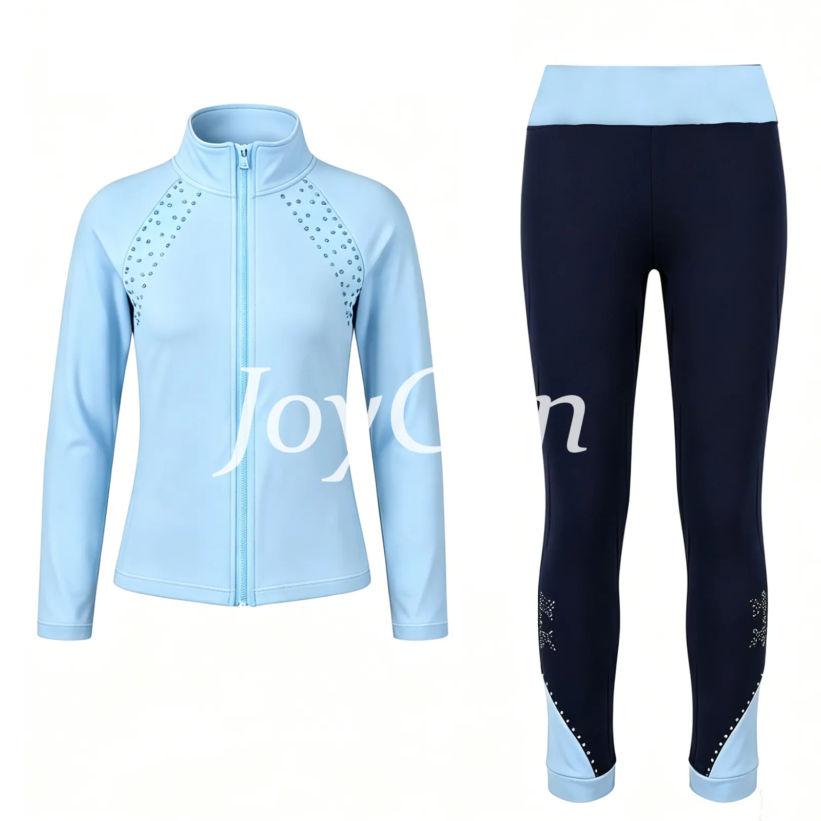 JoyCan Figure Skating Warm‑Up Set JB313 | Pink Rhinestone Zip‑Up Jacket & Black‑Pink Contrast Rhinestone Leggings Training Outfit for Girls and Women