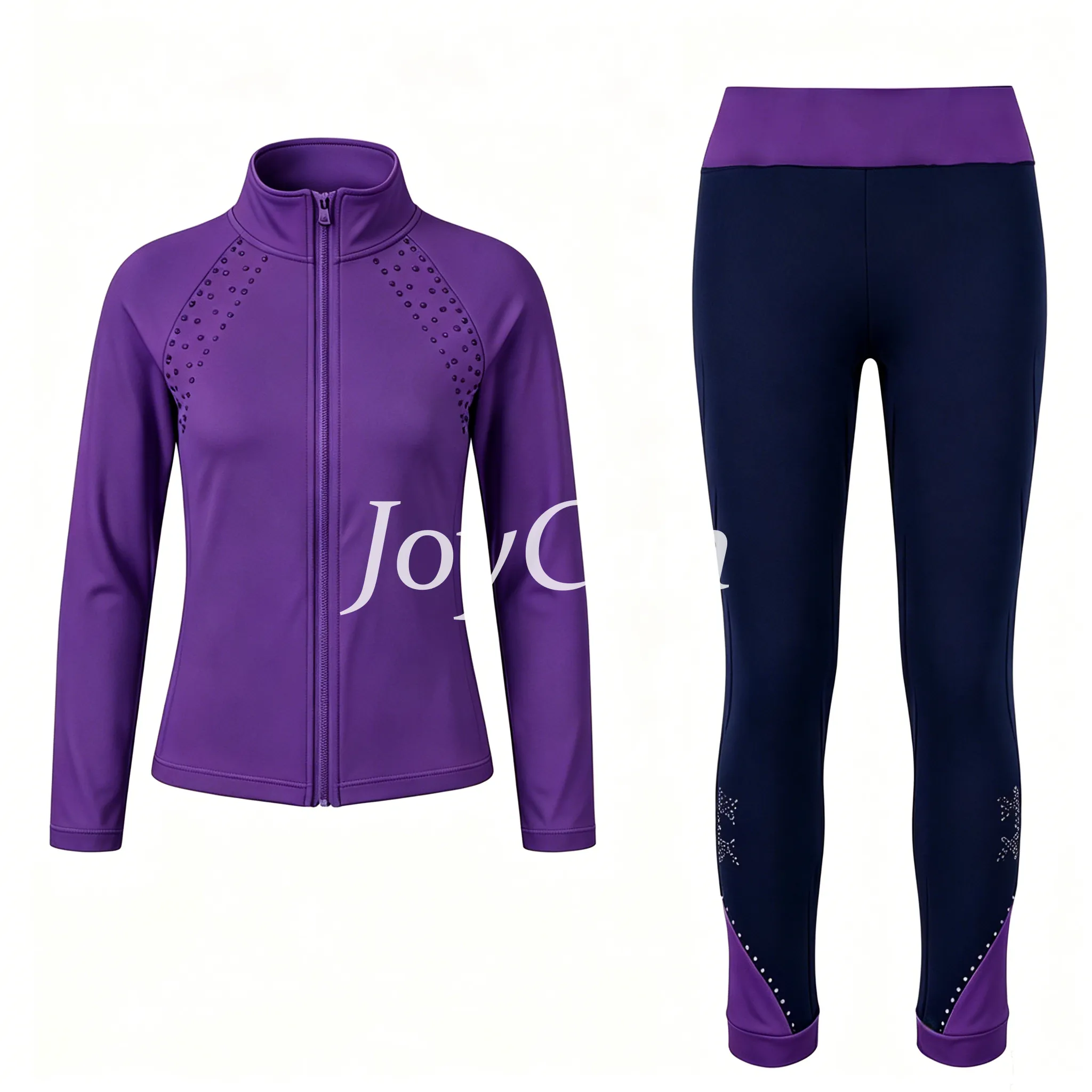 JoyCan Figure Skating Warm‑Up Set JB313 | Pink Rhinestone Zip‑Up Jacket & Black‑Pink Contrast Rhinestone Leggings Training Outfit for Girls and Women