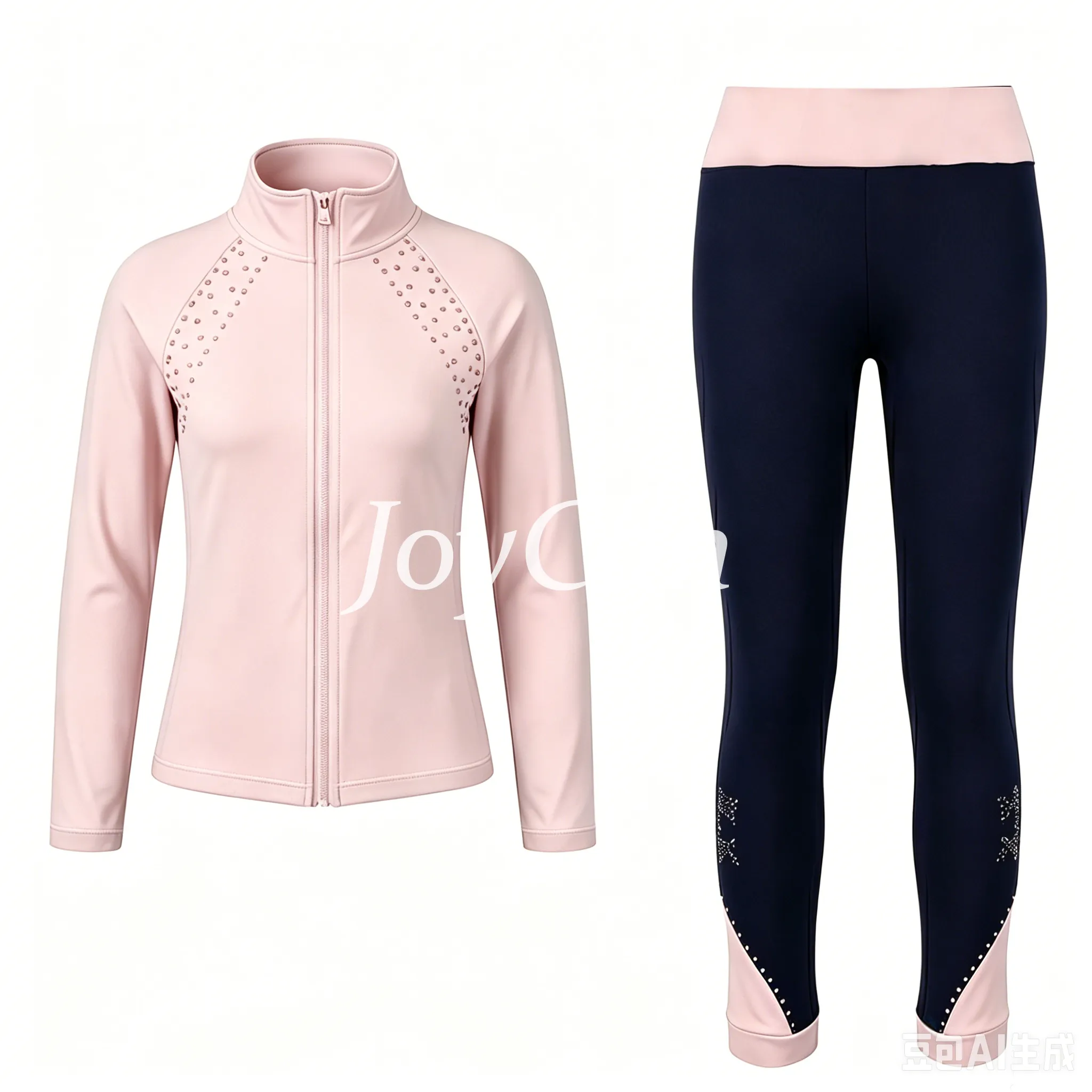 JoyCan Figure Skating Warm‑Up Set JB313 | Pink Rhinestone Zip‑Up Jacket & Black‑Pink Contrast Rhinestone Leggings Training Outfit for Girls and Women