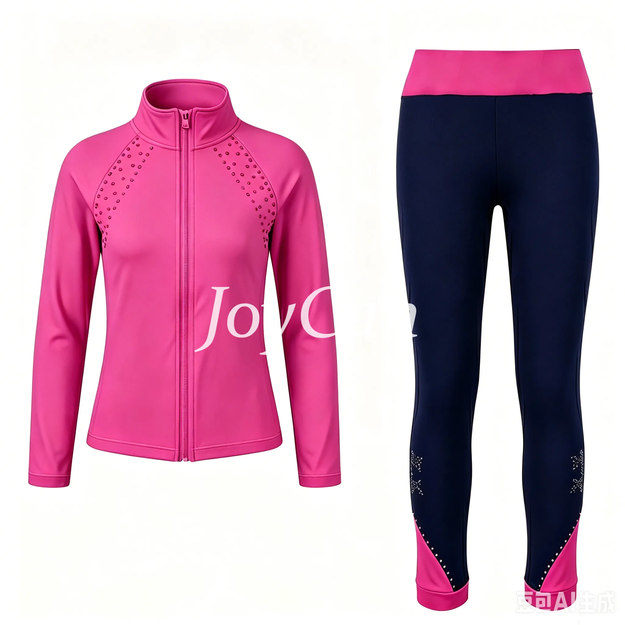 JoyCan Figure Skating Warm‑Up Set JB313 | Pink Rhinestone Zip‑Up Jacket & Black‑Pink Contrast Rhinestone Leggings Training Outfit for Girls and Women