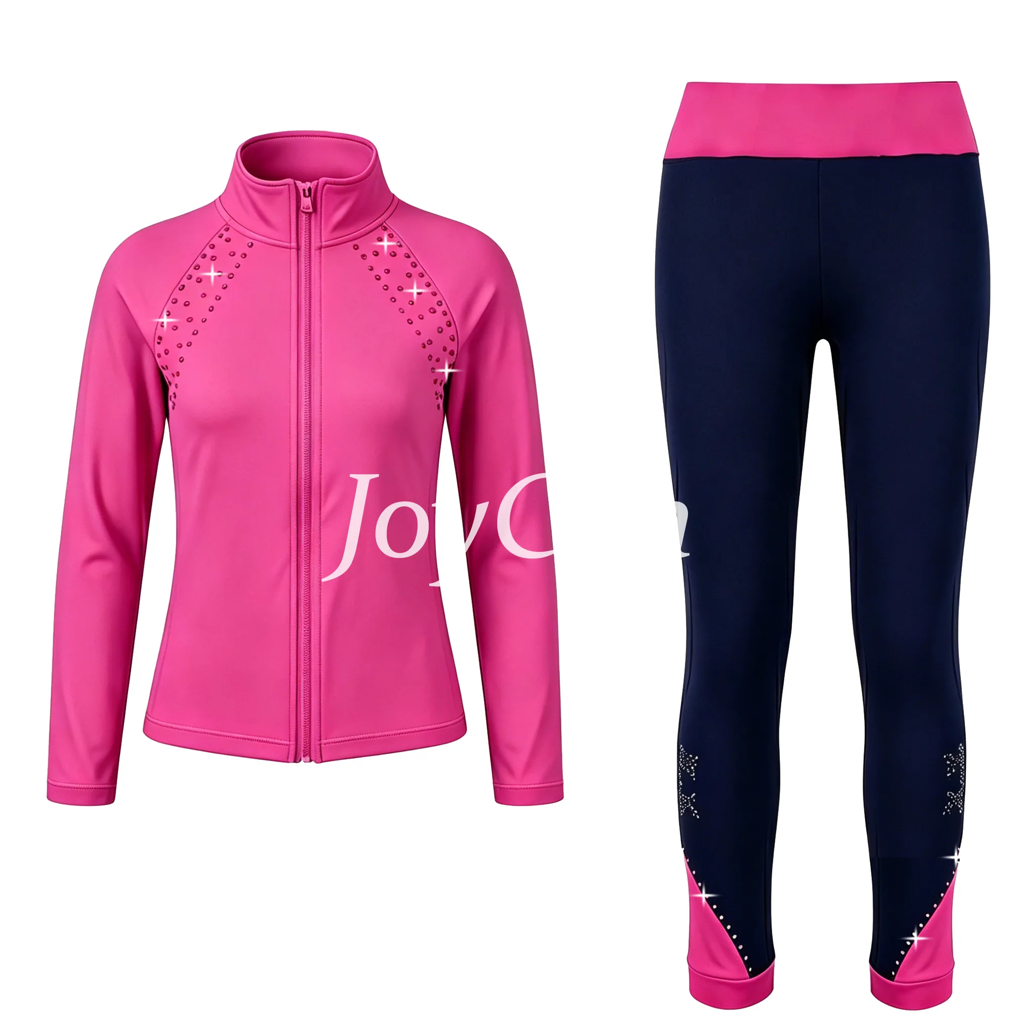 JoyCan Figure Skating Warm‑Up Set JB313 | Pink Rhinestone Zip‑Up Jacket & Black‑Pink Contrast Rhinestone Leggings Training Outfit for Girls and Women
