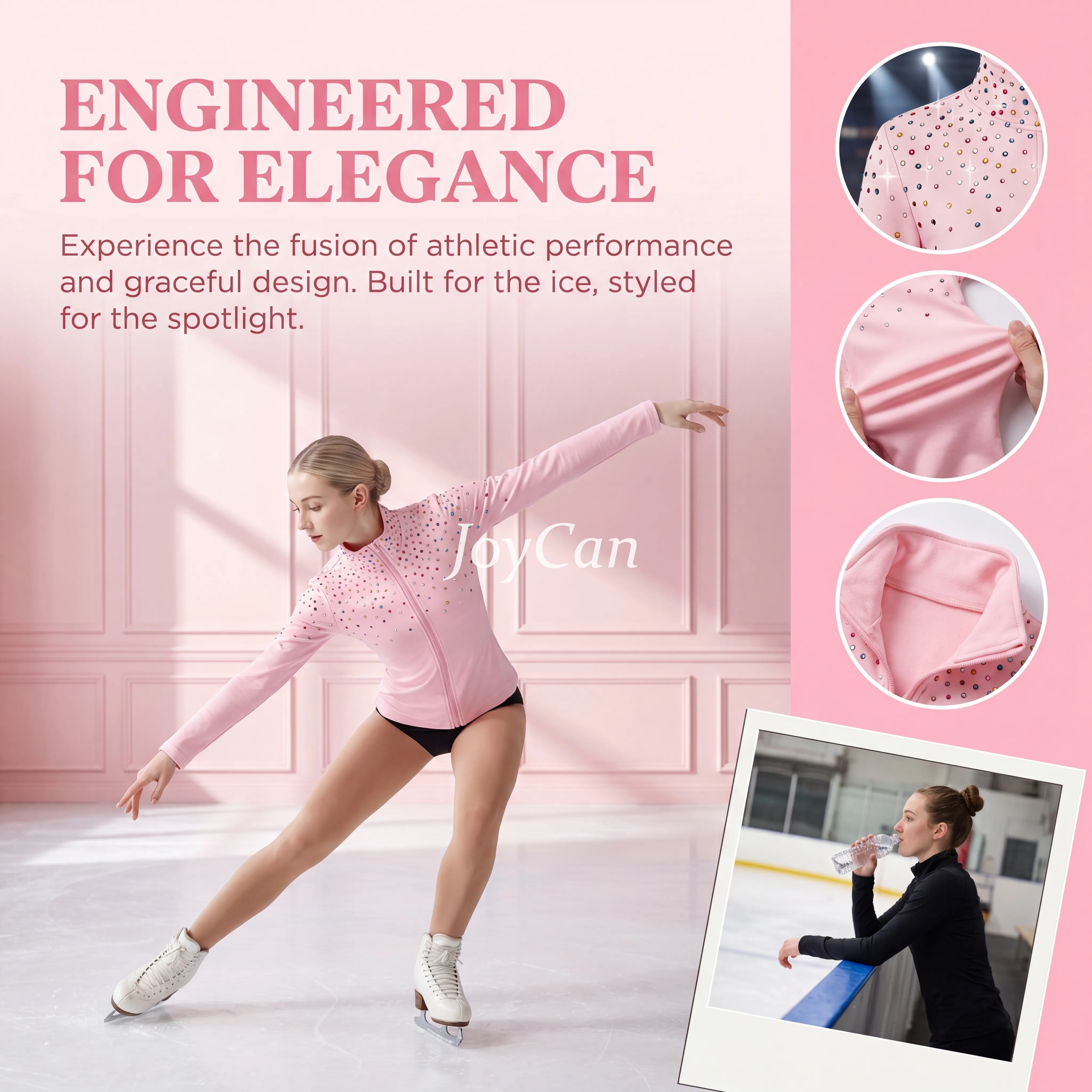 JoyCan Figure Skating Warm‑Up Set JB229 | Hot Pink Full‑Zip Rhinestone Jacket & Skirt‑Over‑Leggings 2‑Piece Training Outfit for Girls and Women