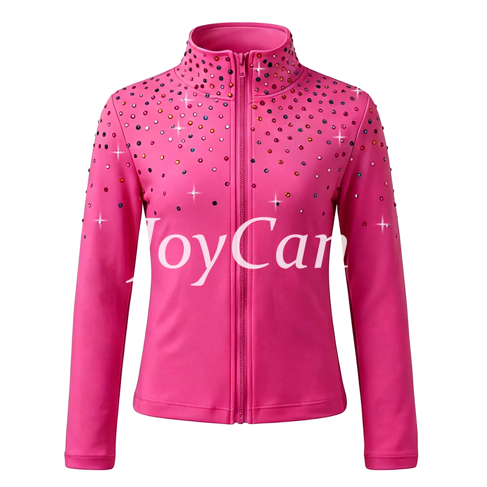 JoyCan Figure Skating Warm‑Up Set JB229 | Hot Pink Full‑Zip Rhinestone Jacket & Skirt‑Over‑Leggings 2‑Piece Training Outfit for Girls and Women