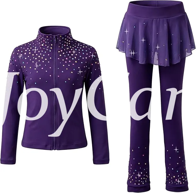 JoyCan Figure Skating Warm‑Up Set JB229 | Hot Pink Full‑Zip Rhinestone Jacket & Skirt‑Over‑Leggings 2‑Piece Training Outfit for Girls and Women
