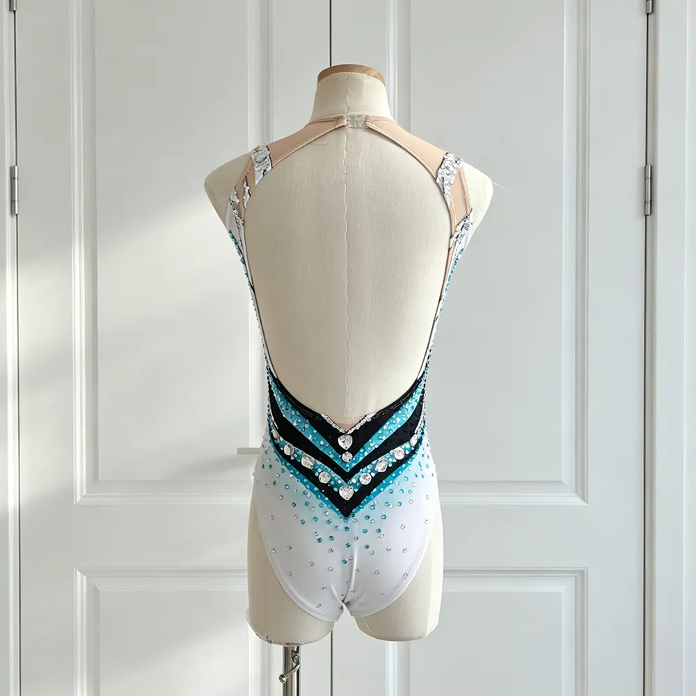  JoyCan Synchronized Swimming Suit BD1379 | Striking Teal‑Black Crystal Illusion‑Neck Competition Synchro Swim Costume for Girls and Women