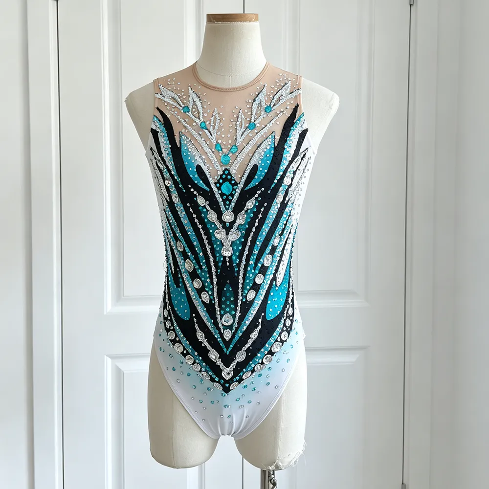  JoyCan Synchronized Swimming Suit BD1379 | Striking Teal‑Black Crystal Illusion‑Neck Competition Synchro Swim Costume for Girls and Women