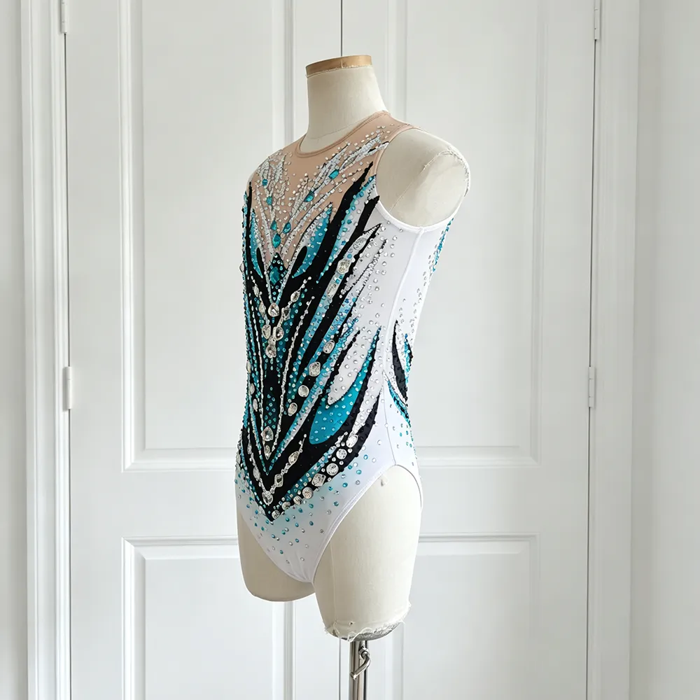 JoyCan Synchronized Swimming Suit BD1379 | Striking Teal‑Black Crystal Illusion‑Neck Competition Synchro Swim Costume for Girls and Women