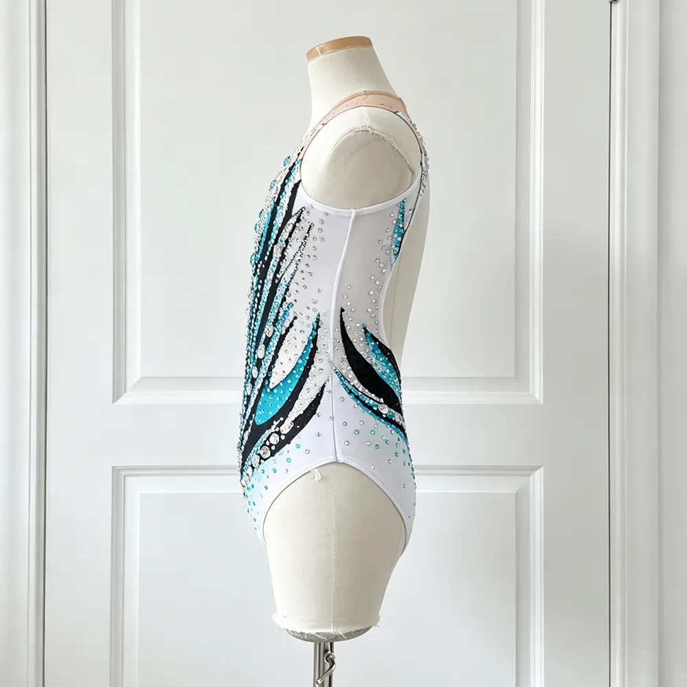  JoyCan Synchronized Swimming Suit BD1379 | Striking Teal‑Black Crystal Illusion‑Neck Competition Synchro Swim Costume for Girls and Women