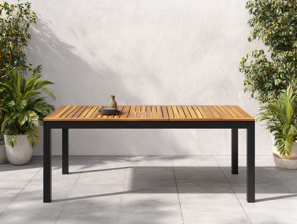 Table de jardin rectangulaire en bois et métal 180x90x75 cm - bois naturel/noir - pour extérieur - style moderne durable