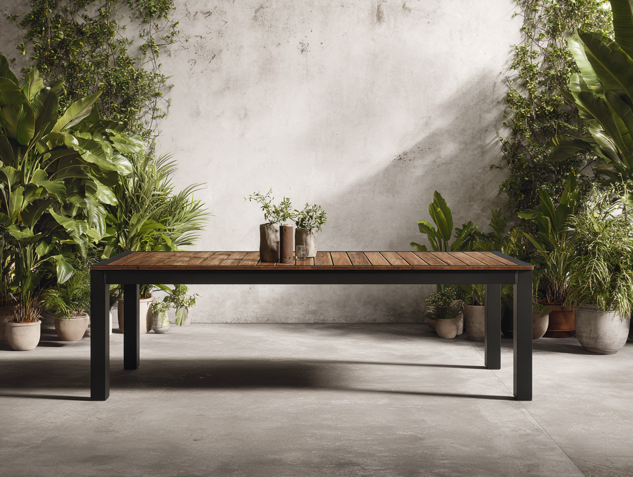 Table de jardin en bois et métal 220x95x75 cm - brun foncé/noir - pour jardin - design moderne