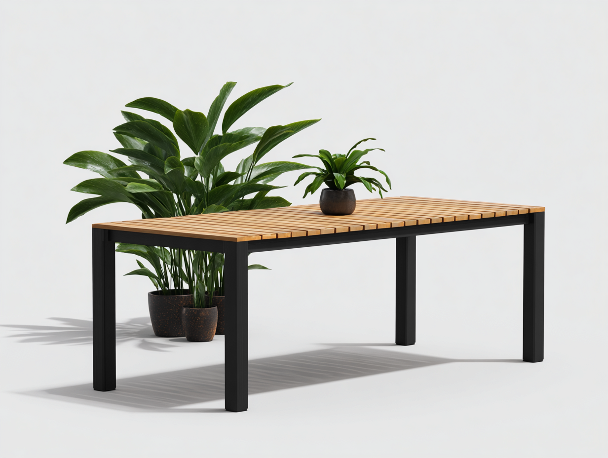 Table de jardin en bois et métal 180x90x75 cm - brun clair/noir - pour jardin - design moderne