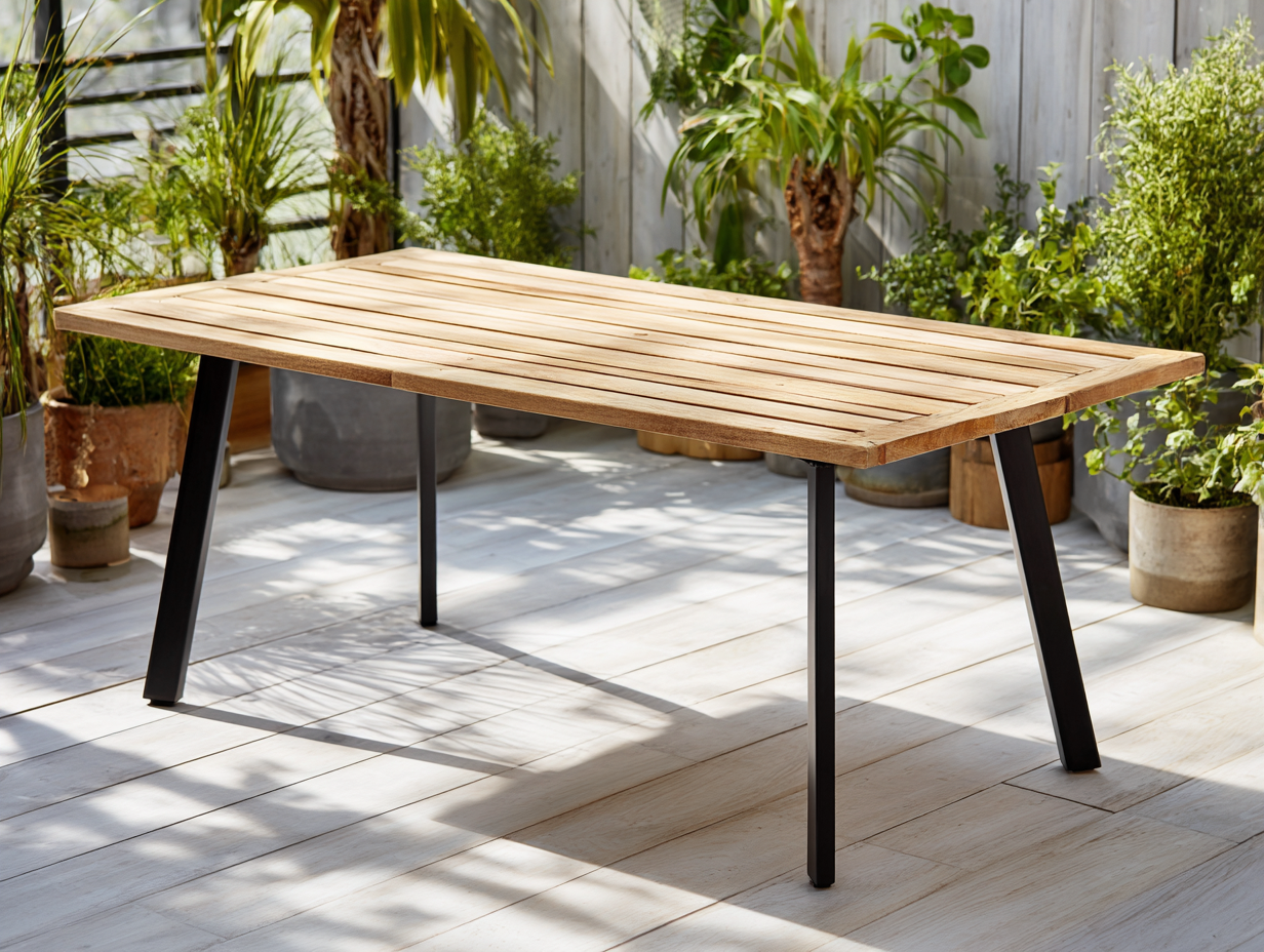 Table de jardin rectangulaire en bois et métal 180x90x75 cm - bois naturel/noir - pour extérieur - style contemporain