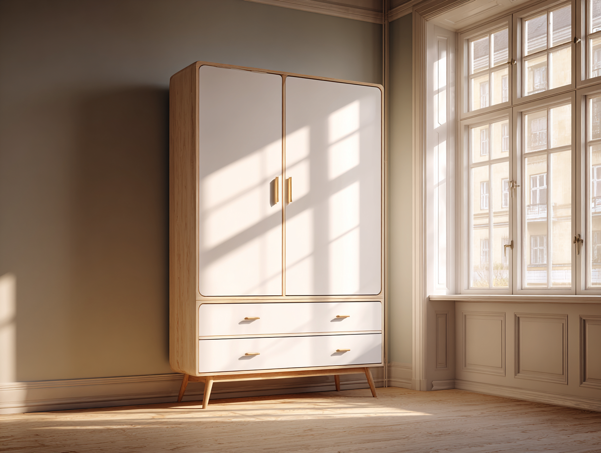 Armoire de rangement en bois 120x55x180 cm - blanc/bois naturel - pour chambre - style scandinave avec tiroirs