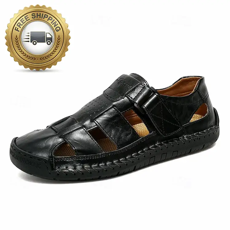 Men's Leather Sandals - Closed Toe Beach Shoes