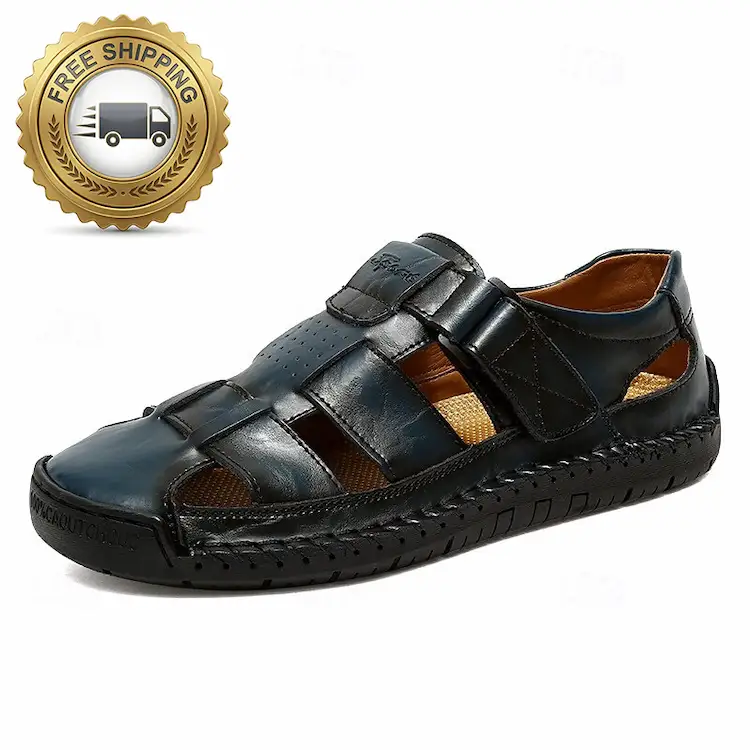 Men's Leather Sandals - Closed Toe Beach Shoes