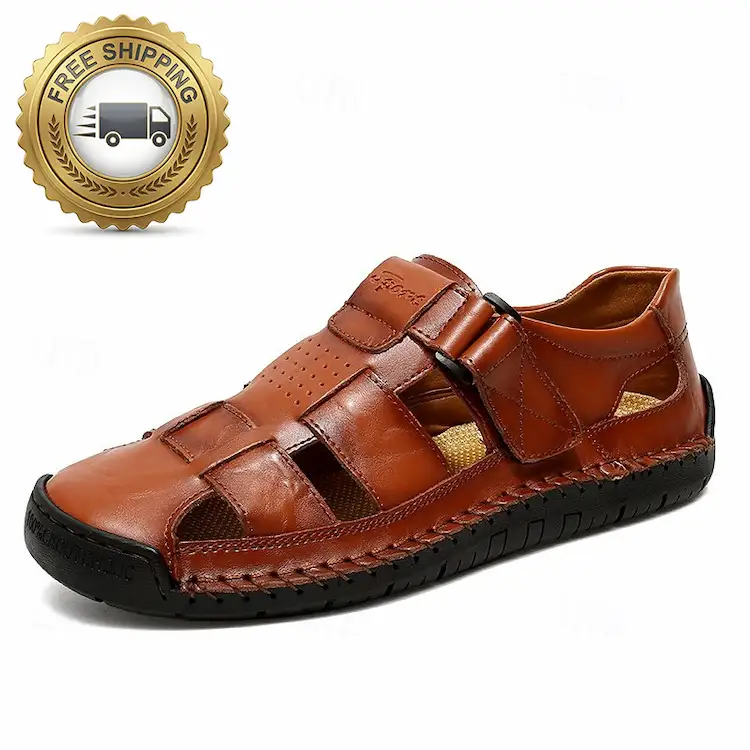 Men's Leather Sandals - Closed Toe Beach Shoes