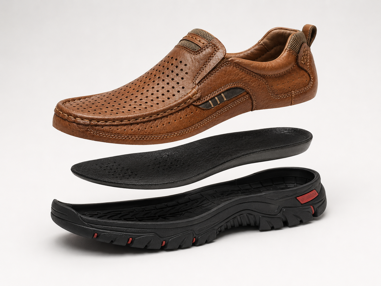 Exploded view of brown leather hybrid dress shoe with perforated upper, arch support insole, and rugged walking outsole.
