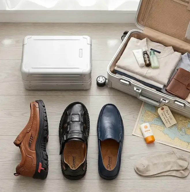Flat lay/aesthetic photo of the three pairs of shoes next to a suitcase.
