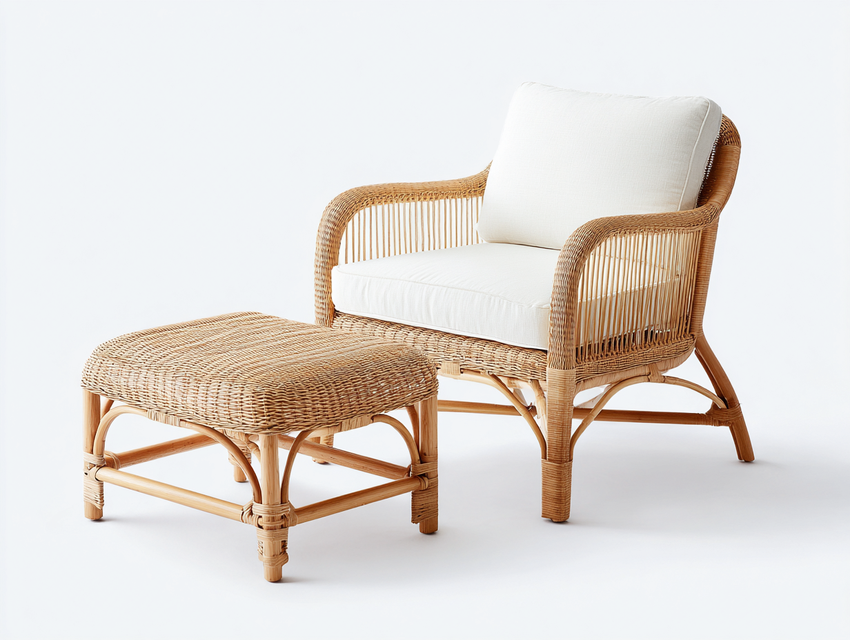 Fauteuil en rotin naturel 75x80x85 cm – bois naturel-blanc – assise d’appoint pour intérieur ou extérieur couvert-Houseovae