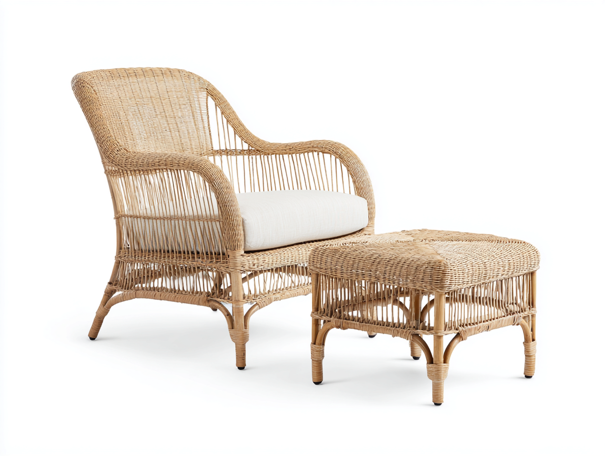 Fauteuil en rotin avec repose-pieds 70x80x95 cm – bois naturel-blanc – pour intérieur – style naturel-Houseovae