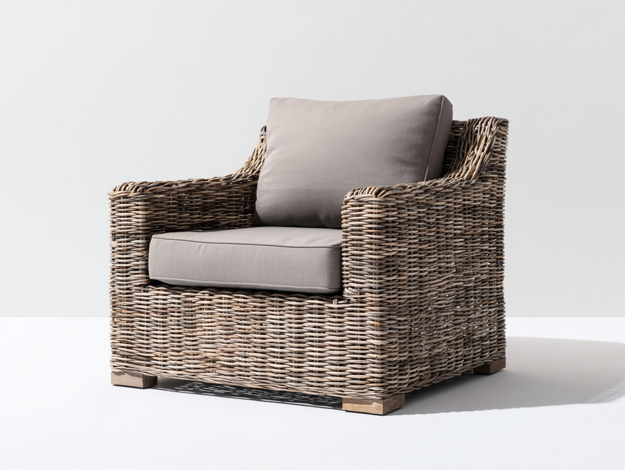 Fauteuil en rotin naturel 82x80x75 cm – marron-gris – usage intérieur et extérieur – design contemporain-Houseovae