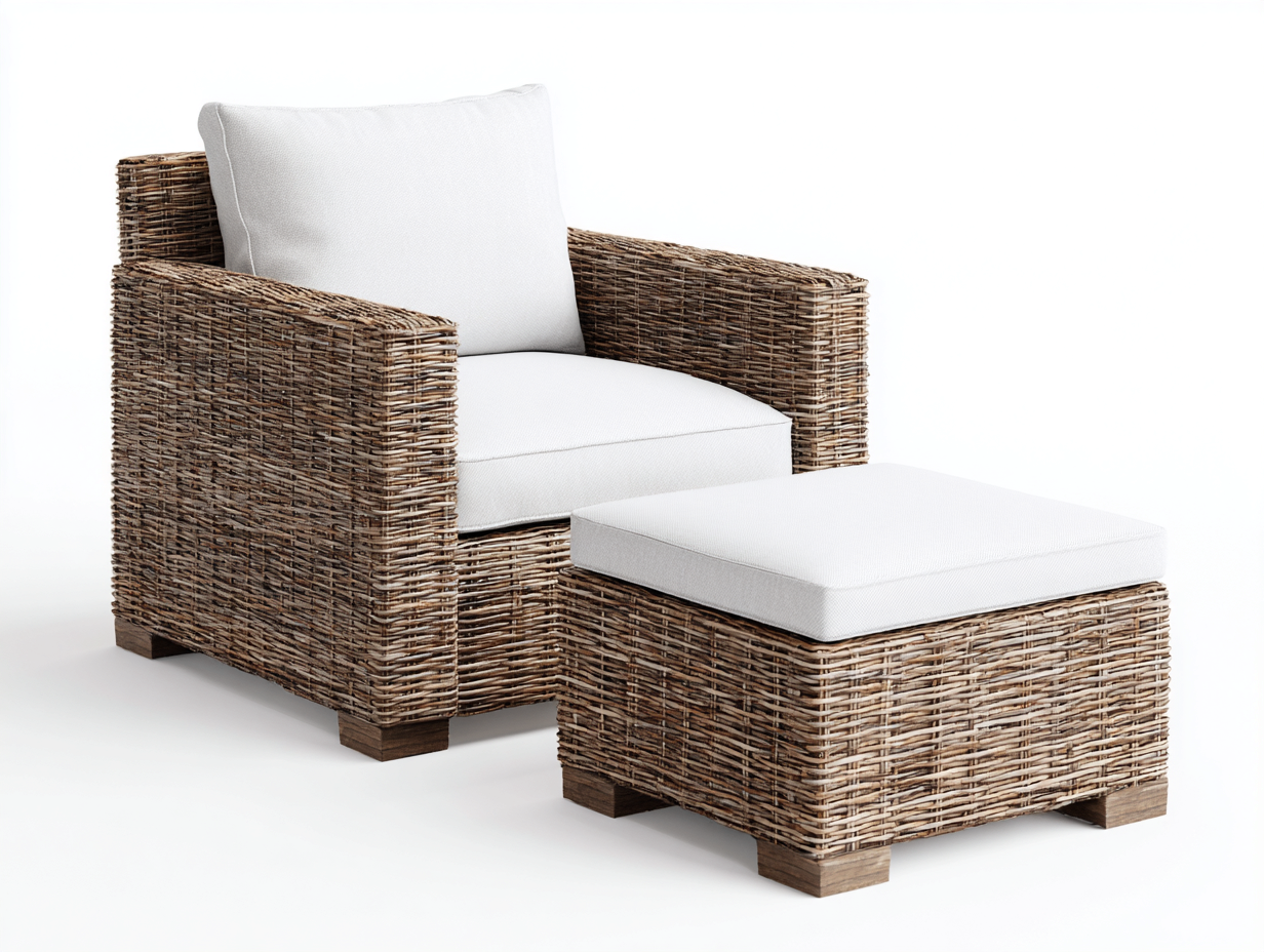 Fauteuil en rotin naturel avec repose-pieds 78x80x75 cm – marron-blanc – usage intérieur et extérieur – design contemporain-Houseovae